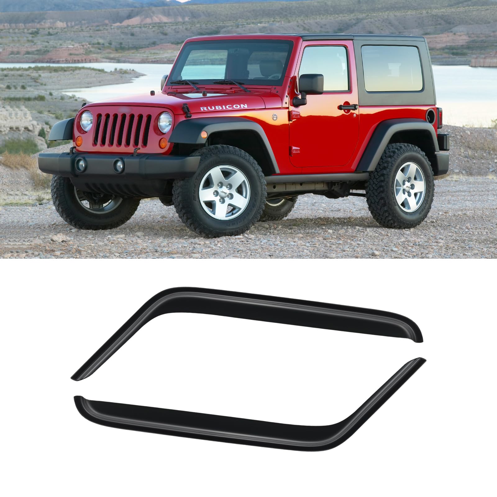 CMVT Auto Window Visors for 2007-2018 Jeep Wrangler JK 2-Door, Rain Guards Shields Vent Deflector Shade Wind Dark Smoke 2008 2009 2010 2011 2012 2013 2014 2015 2016 2017, Tape-On, 2PCS
