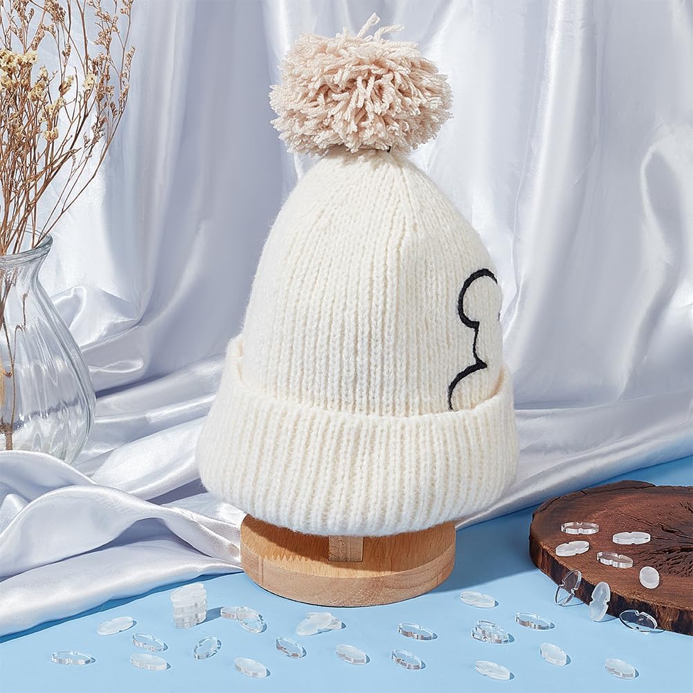 BENECREAT 50PCS Acrylic Pom Pom Hat Removable Buttons, Oval Pom Pom Base, Knitted Hat Maker's Fastener Tool for Fixing Pom Poms, Handmade Buttons, Approx. 3mm Thick