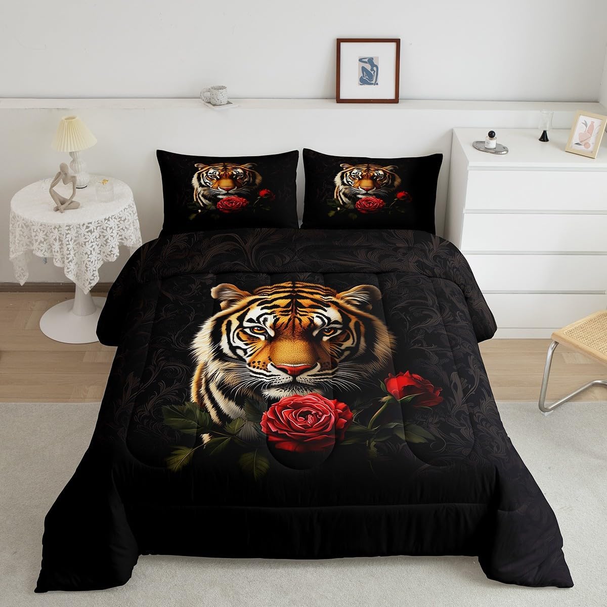 Erosebridal Yellow Tiger Comforter Sets Jungle Wild Animal Beddig Set for Kids Adults,Red Rose Flower Soft Down Comforter King Floral Wildlife Black Quilt Set for Bedroom Decor