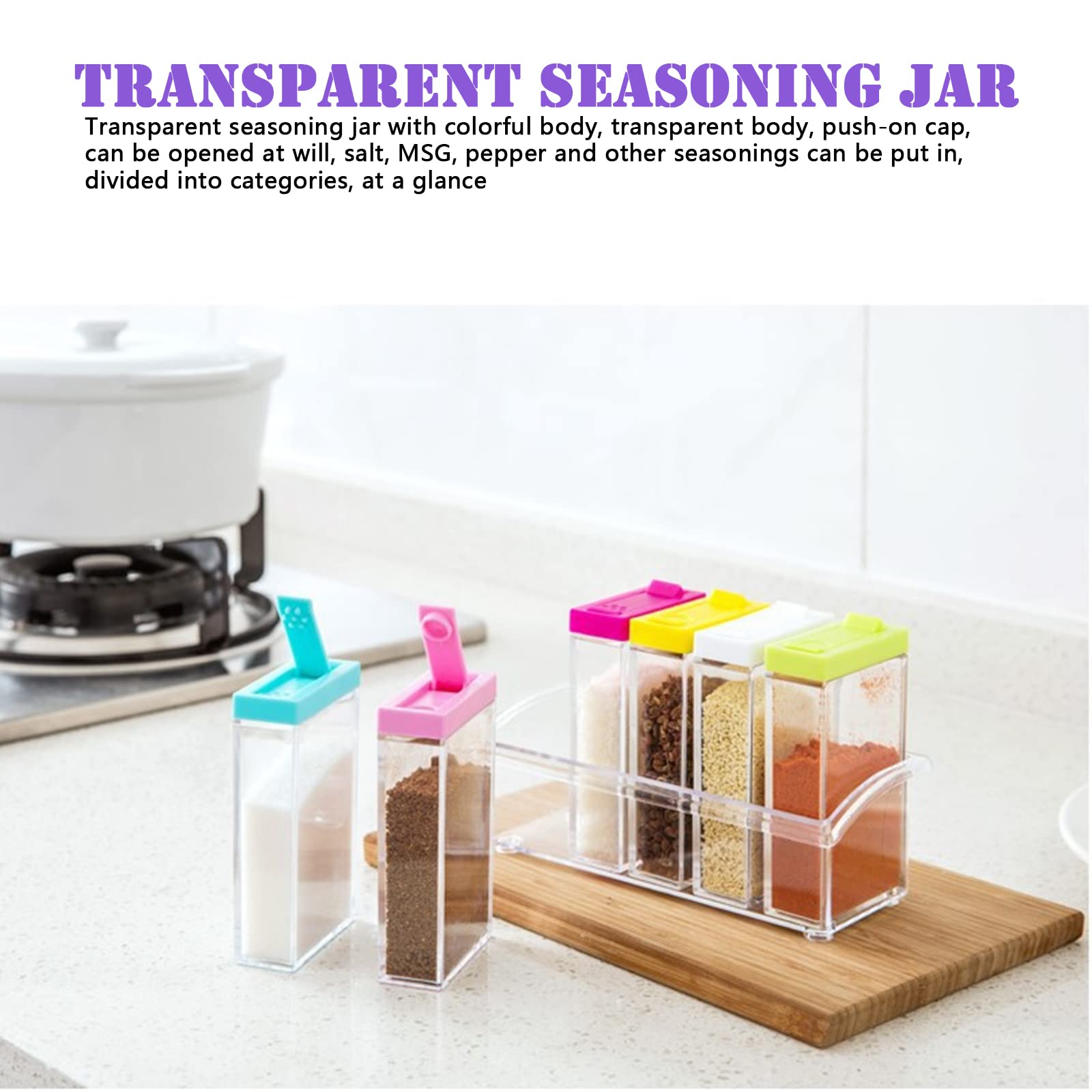 Lot de 6 Boîtes Épices Plastique, Boîte d'assaisonnement Transparent avec Plateau, Ensemble de Pots à épices de camping pour Rangement de Condiments, sel, Sucre et Poivre (coloré)