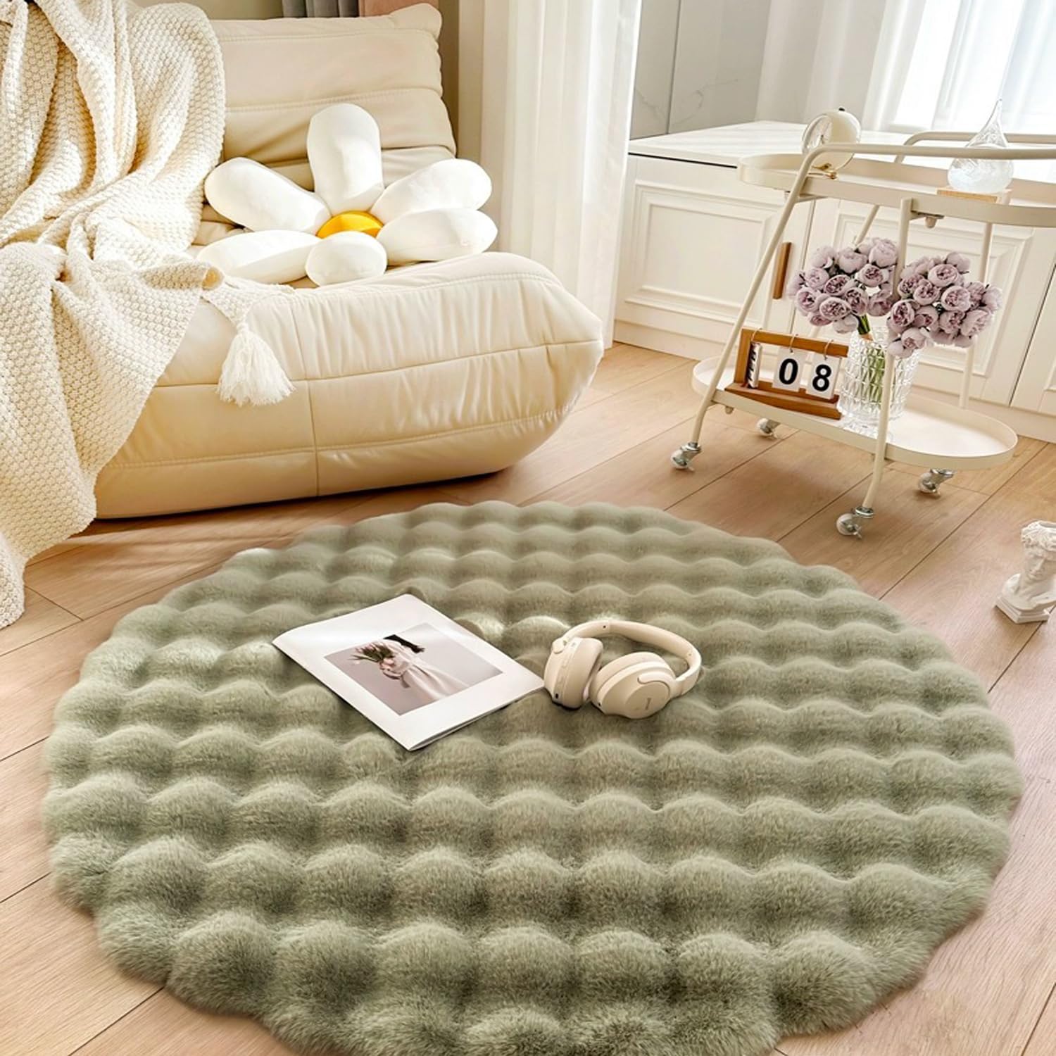 Tappeto rotondo lavabile per interni, antiscivolo, stampa grigio e verde, design sottile, perfetto per soggiorno camera da letto, diametro 180 cm