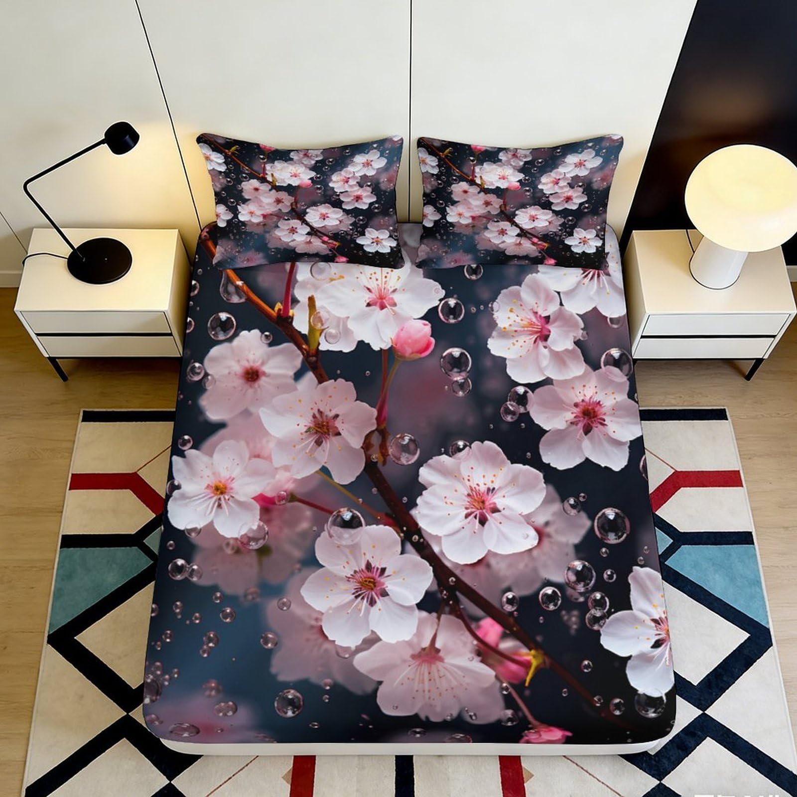 3D Printed cherry blossom Fitted Sheet, soft touch Microfiber, stylish bed decor for bedroom or guest room, wrinkle resistant, apartment bedding, easy care 180x200x25cm