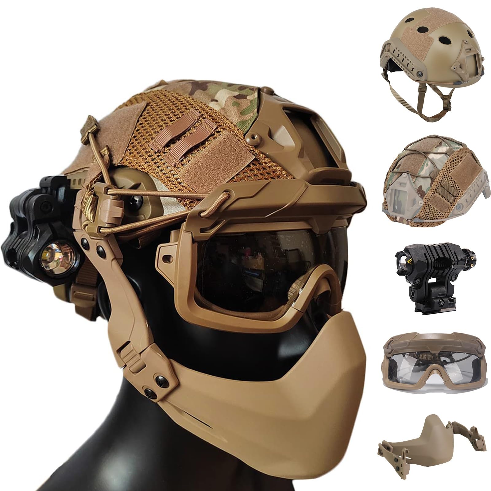 Set Casco Tattico da Softair con Maschera da Paintball Regolabile Occhiali, Copricasco Torcia Per Giochi di Sopravvivenza All'aperto