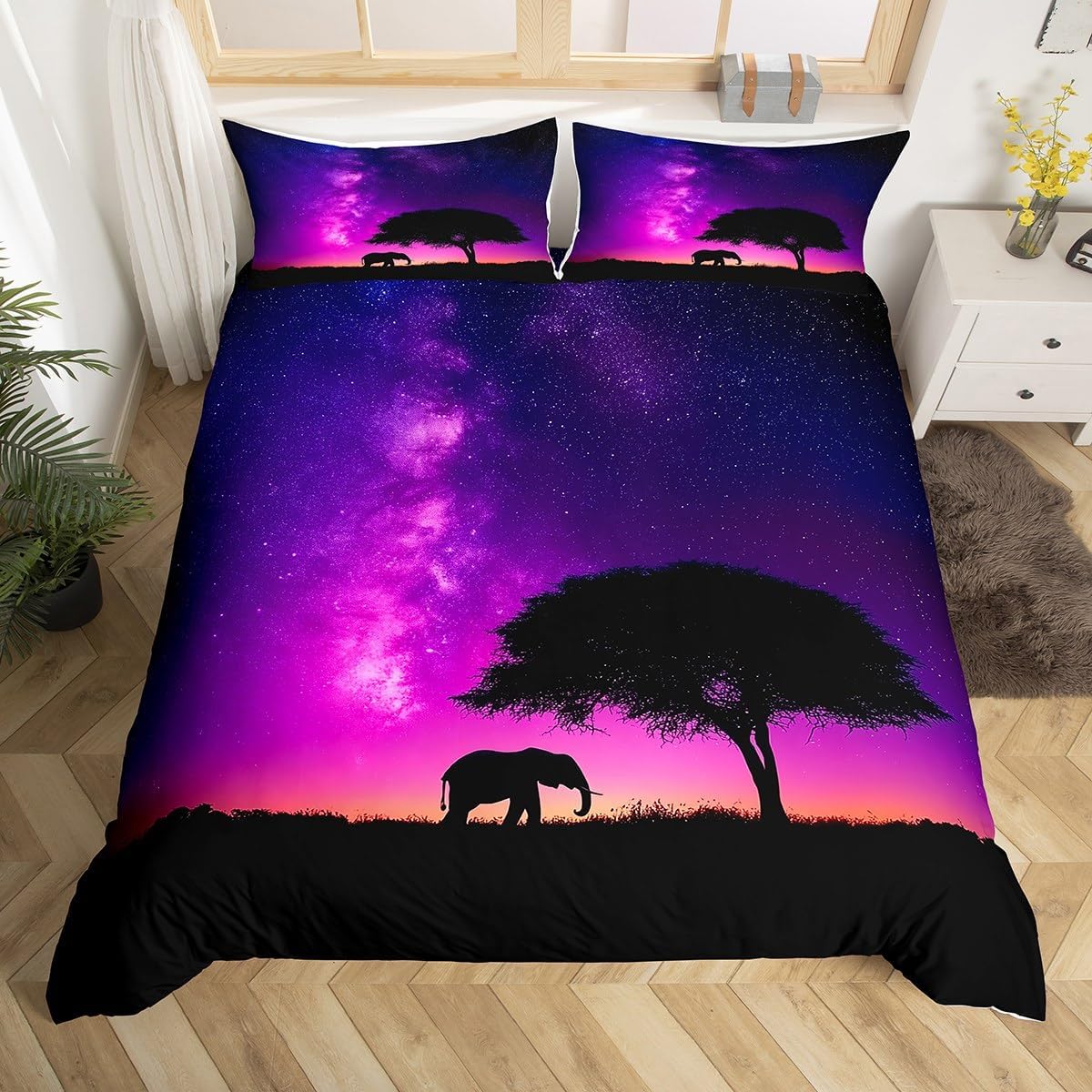 Manfei Blue Purple Starry Duvet Cover Set Toddler Size, Elephant SND Tree Bedding Set 2pcs, Wild Animal Comforter Cover, Kids Boys Room Decor, Lightweight Bedspread Cover, 1 Pillowcase, No Comforter