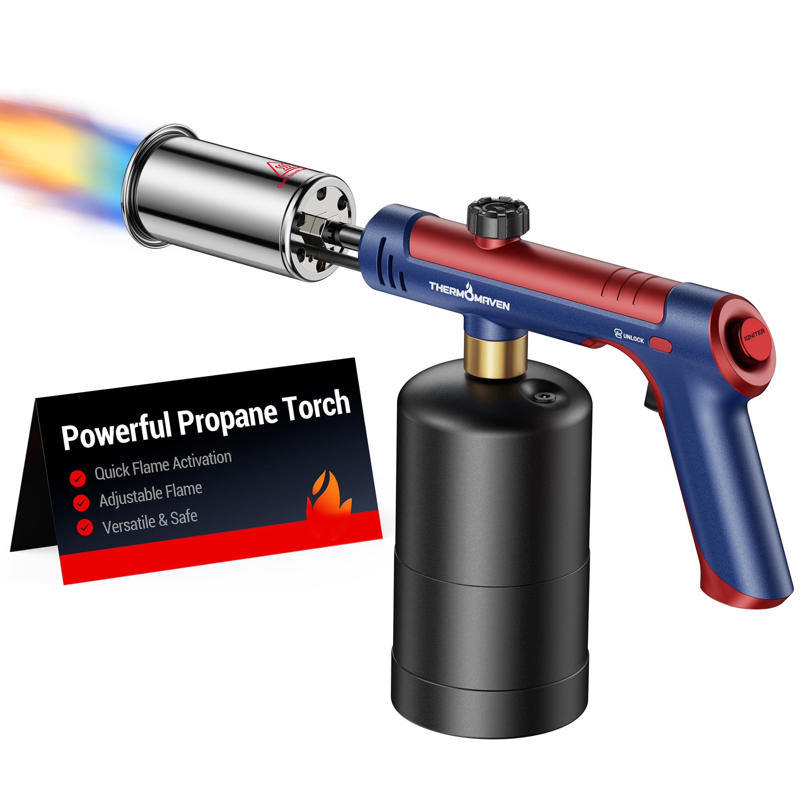 ThermoMaven Antorcha de propano con fuego máximo de un solo toque, pistola de soplete con bloqueo de seguridad, lanzallamas para encendedor de carbón, cabezal de antorcha de cocina para parrilla, Sous
