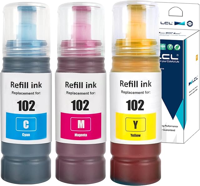 LCL Compatible Ink Bottle Replacement for Epson 102 C13T03R240 C13T03R340 C13T03R440 ET-2700 ET-2750 ET-3700 ET-3750 ET-4750 (3PK CMY)