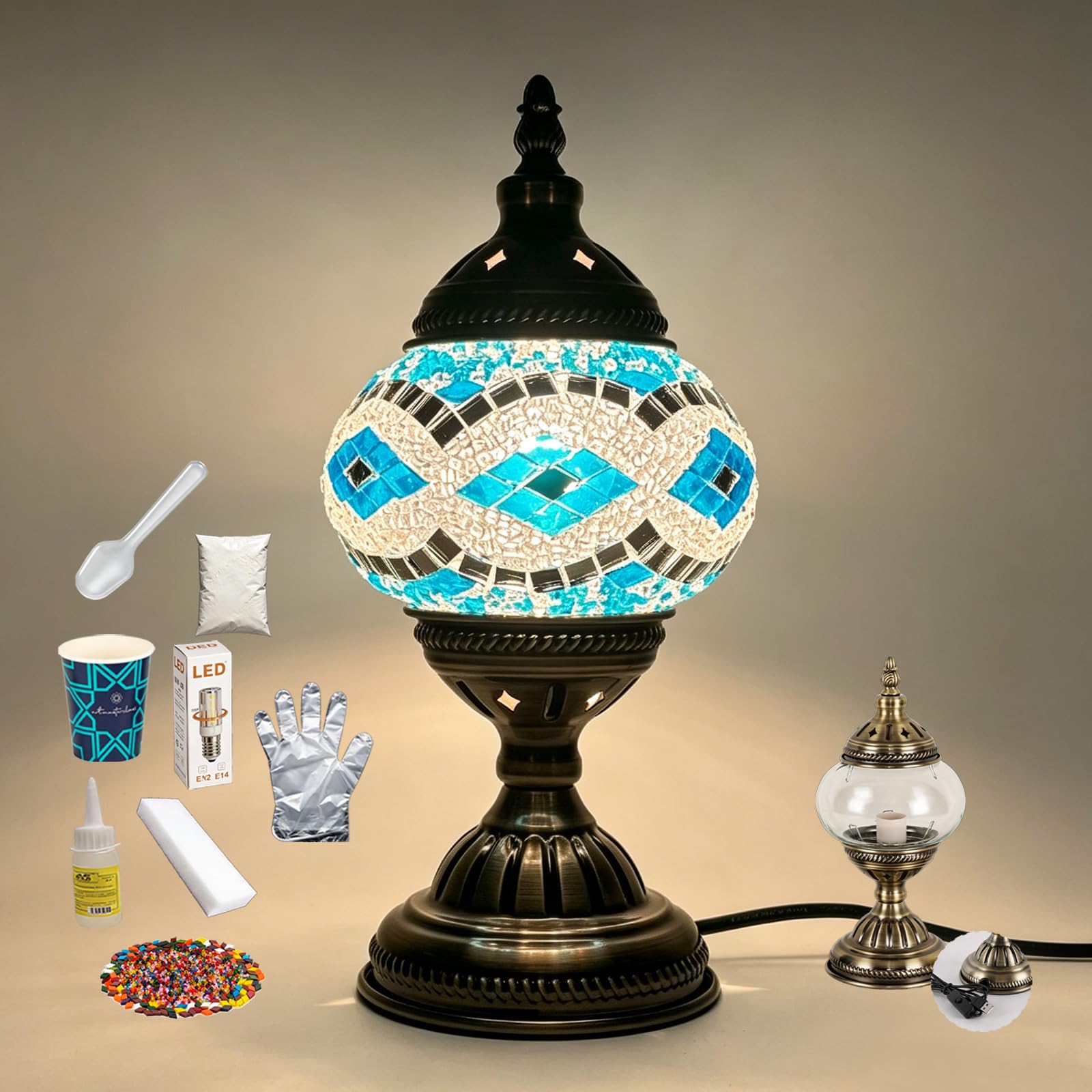 shulovehua DIY Turkish Mosaic Lamp Kit with Bronze Base Marrakech Turkish Night Light USB Powered Moroccan Tiffany Style Stained Glass Bedside Lamp for Bedroom Living Room Decor(Blue and White)
