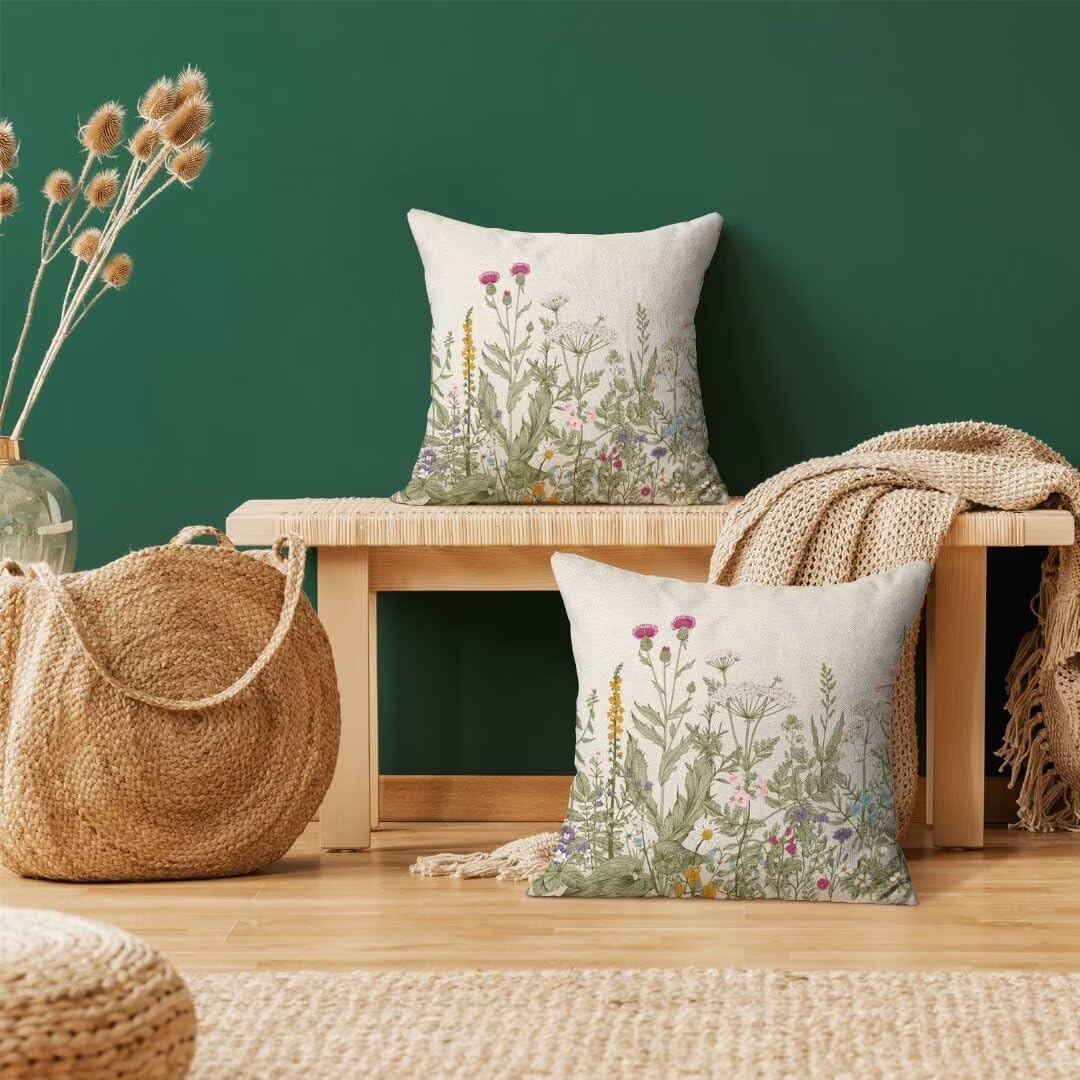 Spring Flower Pillow Covers 24 X 24 Inch Set of 2, Green Herbs Plant Leaf Floral Throw Pillow Covers Spring Cushion Case Farmhouse Decorative Pillows for Couch Sofa Home