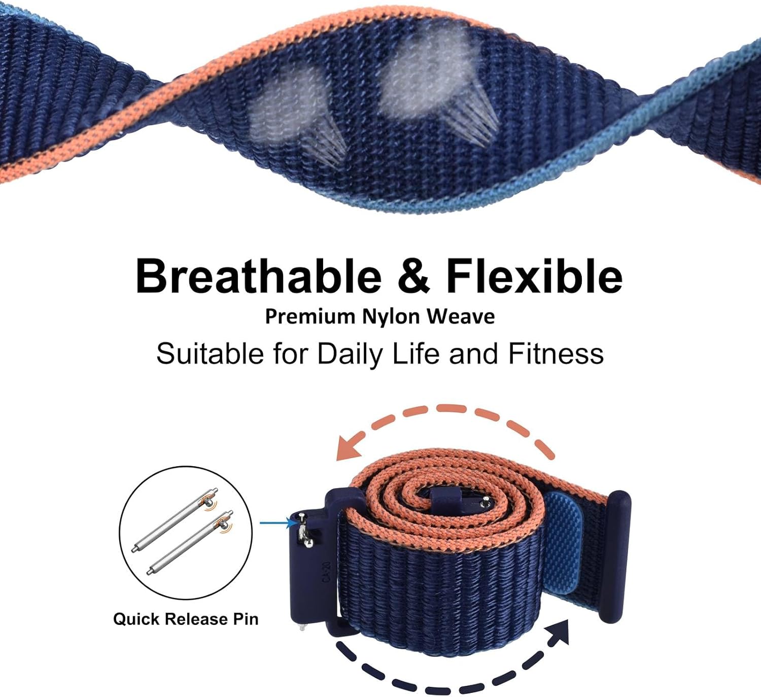 WOCCI 18mm Adjustable Nylon Watch Band, Quick Release Sport Loop Strap (Navy Blue)