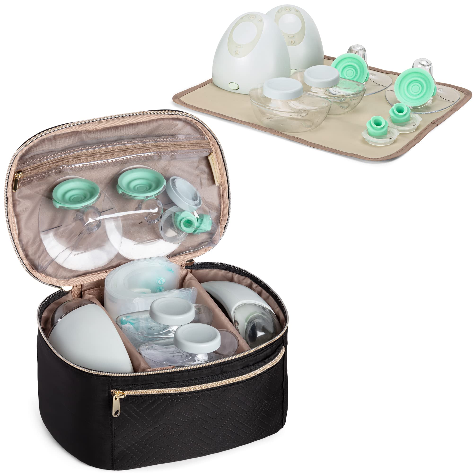 Fasrom Tragbare Milchpumpen Tasche, kompatibel mit Elvie Pumps und Medela Pump in Style,Aufbewahrungstasche Milchpumpen mit wasserdichter Matte für berufstätige Mütter auf Reisen, Schwarz(nur Tasche)