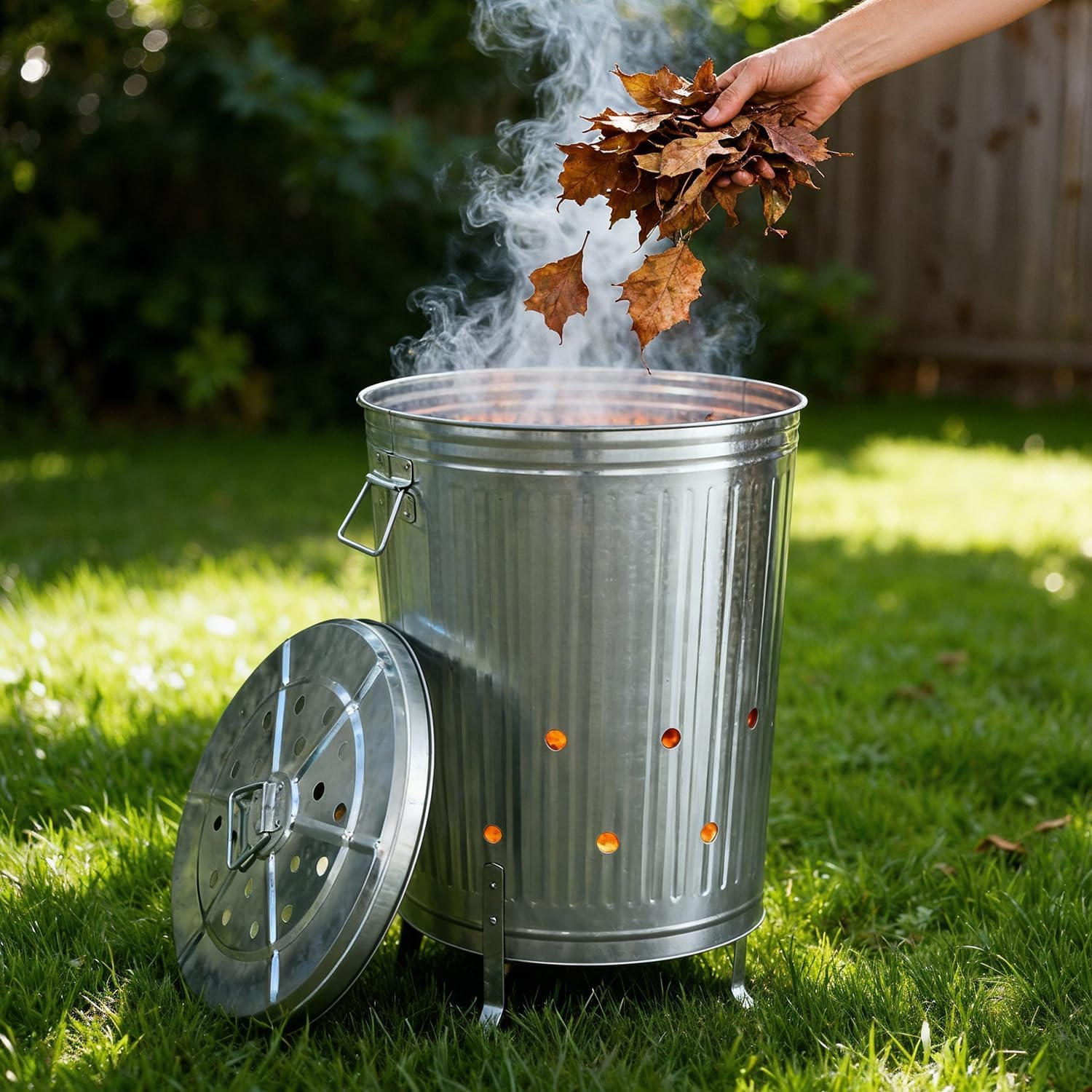 Plexon Incinerator Burn Barrel for Outside for Burning Trash Leaf - Metal Burn Can Cage Bin Container - Fire Can Paper Burner Outdoor, Lid and Ventilation Holes, Galvanized Steel, 20 Gallon