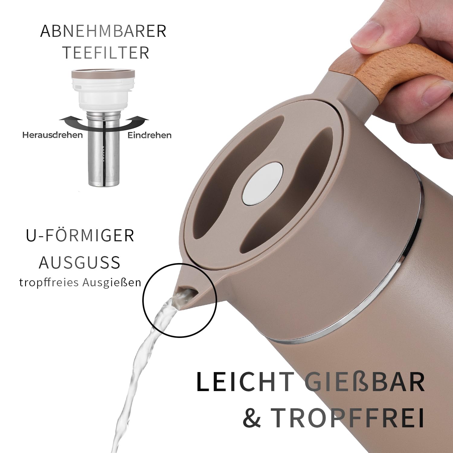 VETIN Termo con colador de té de 1,5 l de acero inoxidable 304, jarra térmica | A prueba de fugas, 10 h caliente y 16 h frío, para té, café y bebidas frías