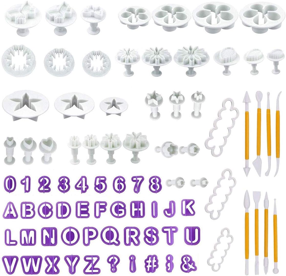 LUUFAN 84 Pcs Cake Decorating Tools Fondant Cutter Tools Set, DIY Sugarcraft Icing Cutters Rose Flower Alphanumeric Characters Moulds Set for Fondant, Almond Sugar, Syrup Biscuits, Chocolate