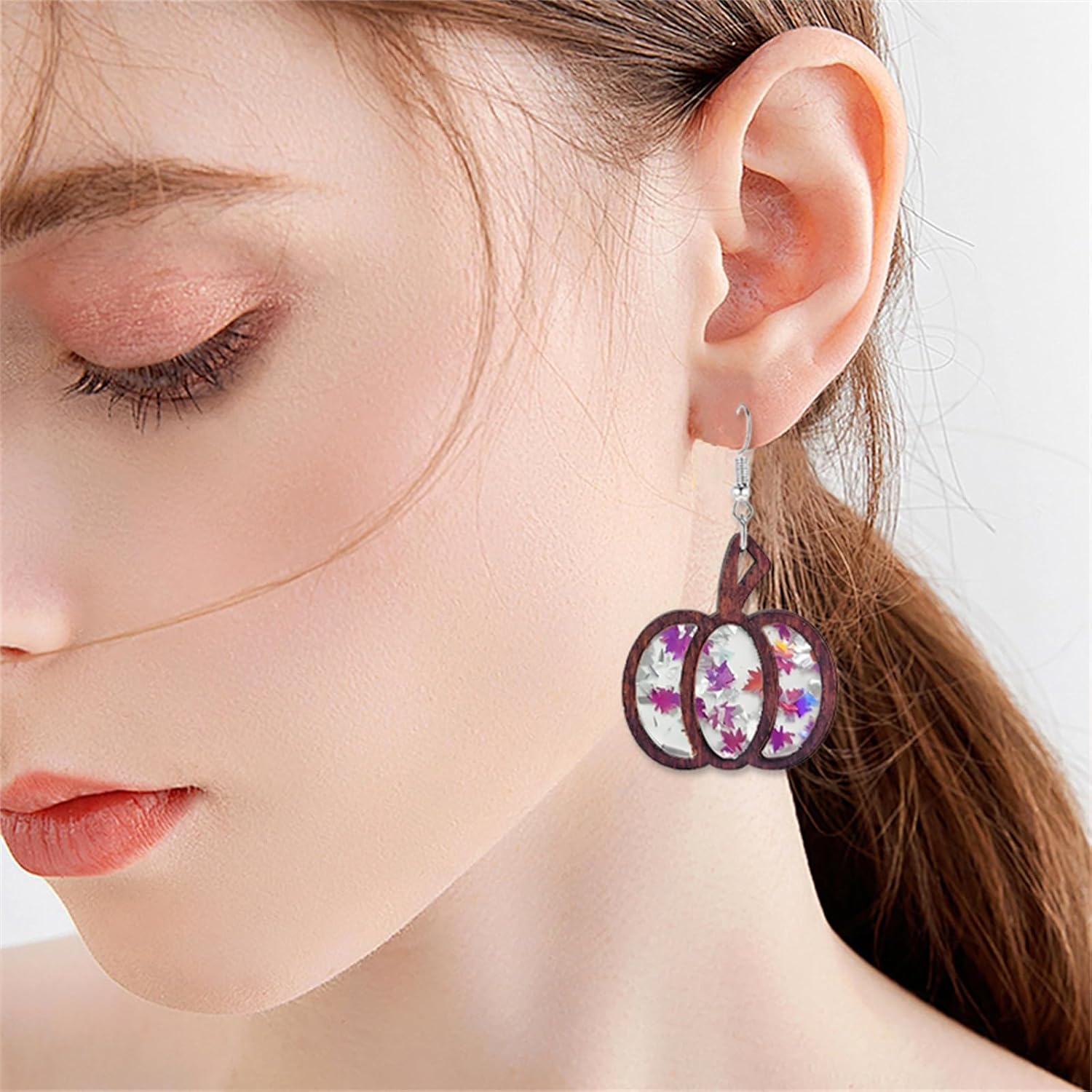 4 pairs Halloween Pumpkin Earrings Set for Women Handmade Lightweight Transparent Drip Glue Dangle Dorp Earrings Fun Wooden Handmade Thanksgiving Earrings Holiday Jewelry Gifts - Image 3