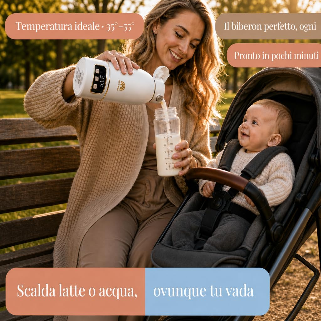 Scaldabiberon Portatile Senza Fili 500ml, Acciaio Inox, Temperatura Regolabile 35-55°C, Acqua e Latte Materno, Viaggio/Auto/Notte, Spazzolino Incluso, Design Dorato Premium