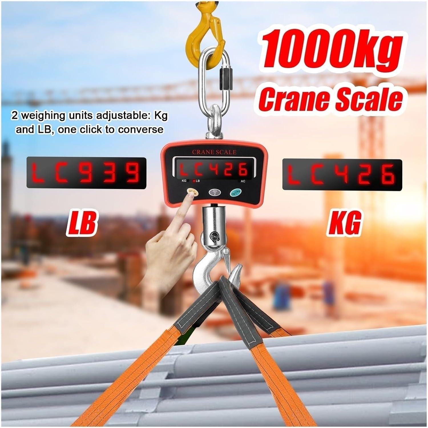 Portable Industrial Electronic Heavy Weight Hook Hanging Scale, Digital Crane Scale, Crane Scale, Mini LCD Digital 1000 kg Crane Scale for Construction Site Transportation