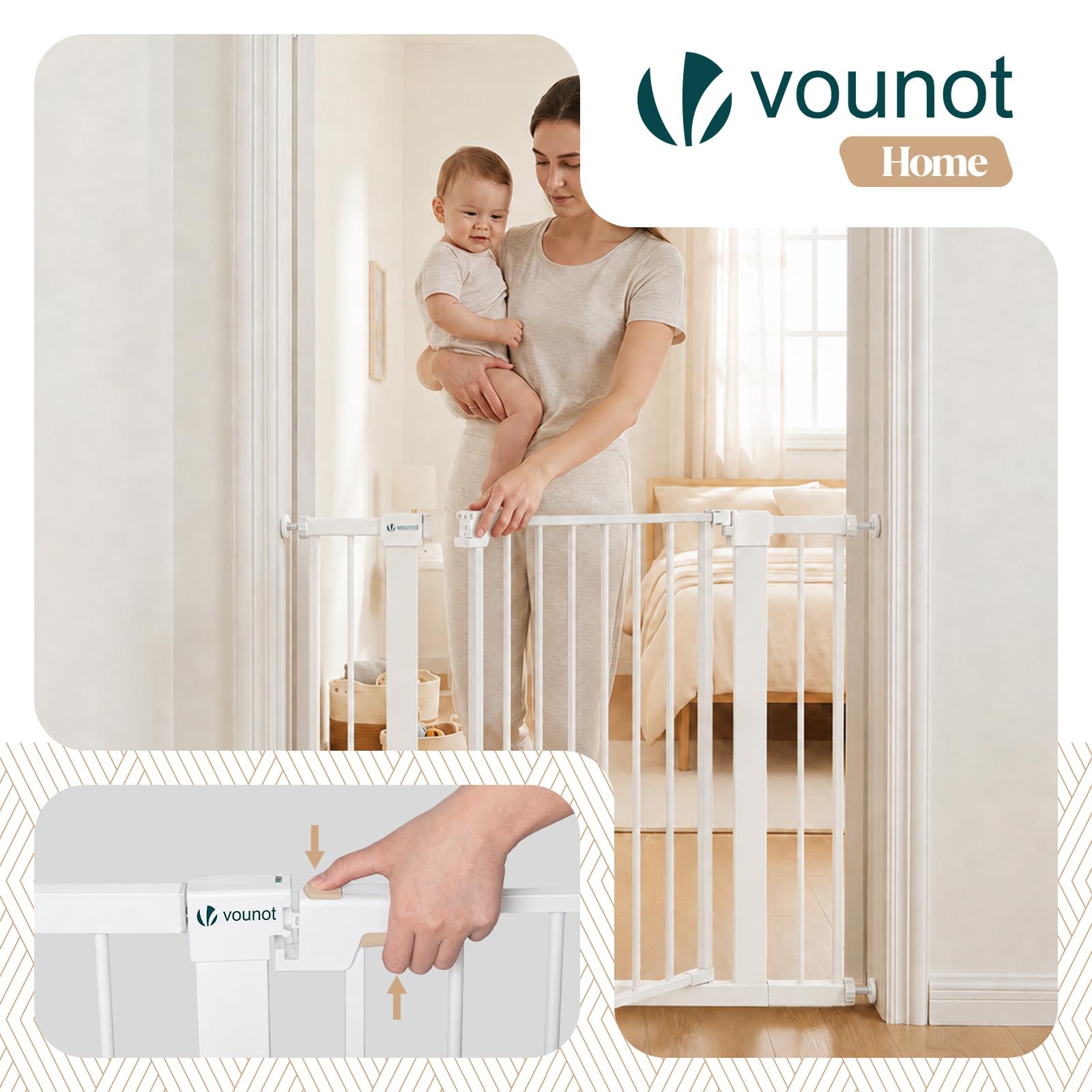 VOUNOT® Cancelletto di Sicurezza per Bambini in Metallo 103-110 cm, Barriera per Scale a Pressione Senza Foratura Altezza 76 cm, Chiusura Automatica con Doppio Blocco, Apertura Bidirezionale, Bianco