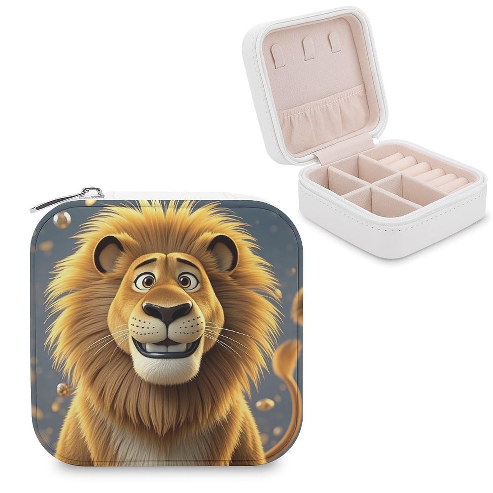LZQPOEAS Cute Cartoon Lion Jewelry Box Mini Jewelry Travel Case Trendy Stuff Ring Box Custom PU Leather Jewelry Boxes Portable Jewelry Case Earring Storage Organizer for Girls Women