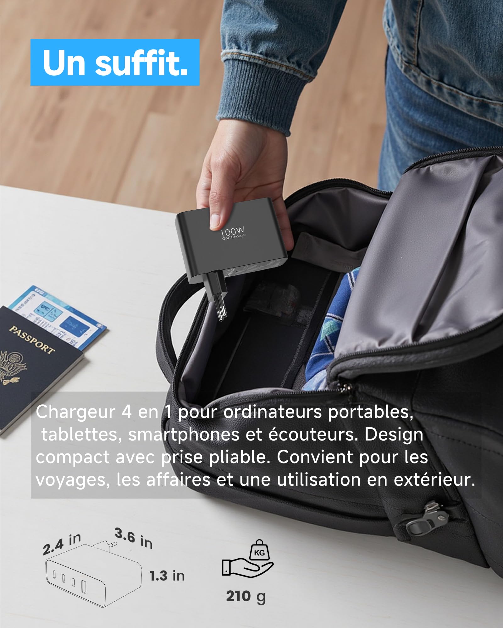 Chargeur USB C 100W GaN 4 Ports Rapide Multiport Noir Compatible iPhone 16 15 Pro Max MacBook Air Pro iPad Air Galaxy S25 S24