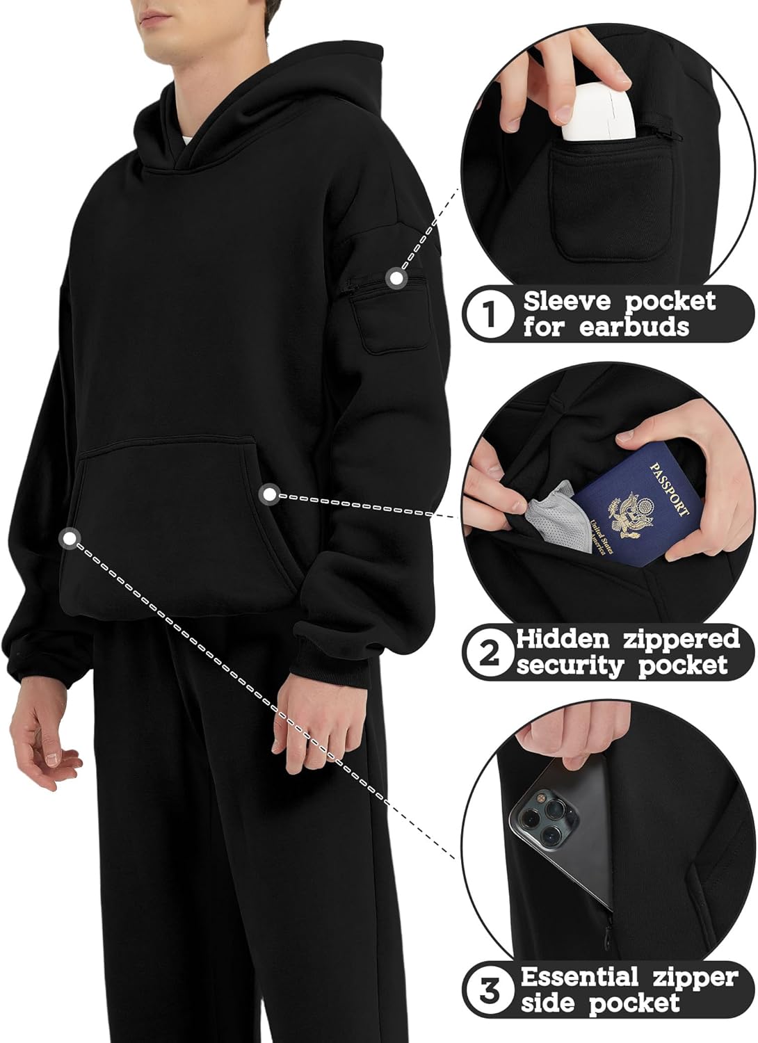 FAIABLE Men's Hoodies Pullover Oversized Soft Hooded Sweatshirts Fleece Relaxed Fit Casual Travel Hoodie with Hidden Pocket