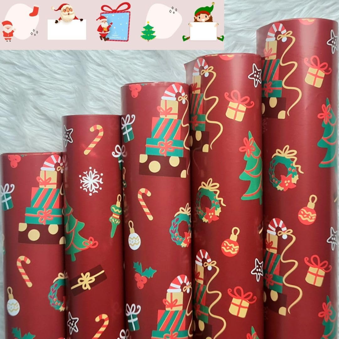 SATYAM KRAFT 5 Pcs Christmas Theme Premium Design Gift Wrapping Paper for Him/Her, gift Packing Sheets Decorative Gift Wrap for Christmas, Birthday, Return Gifts, book Cover, Packaging material, Craft