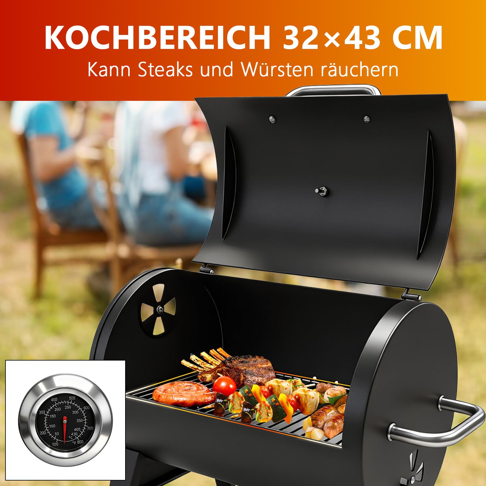Holzkohlegrill mit Thermometer, Barrel-Design, Schwarz
