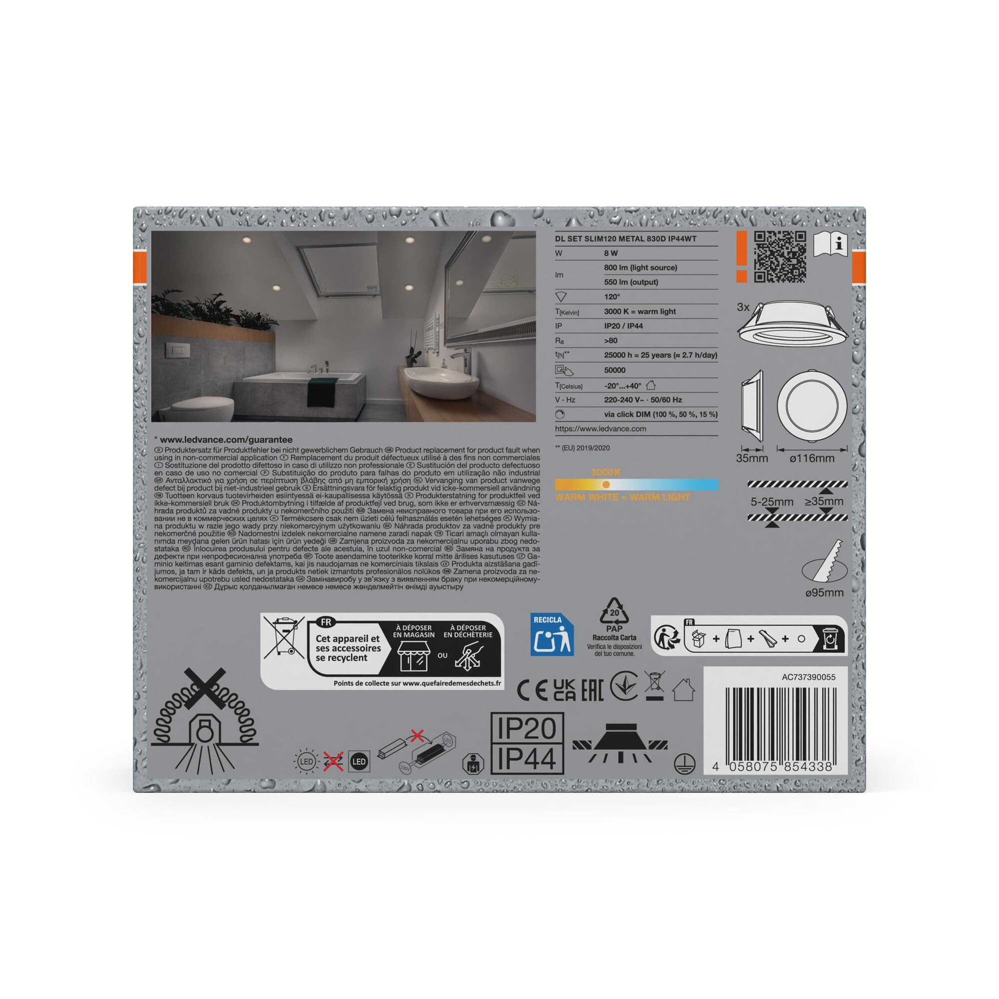 Spot encastrable LED Essential IP44 Dim 120mm 8W Métal, lot de 3 spots de