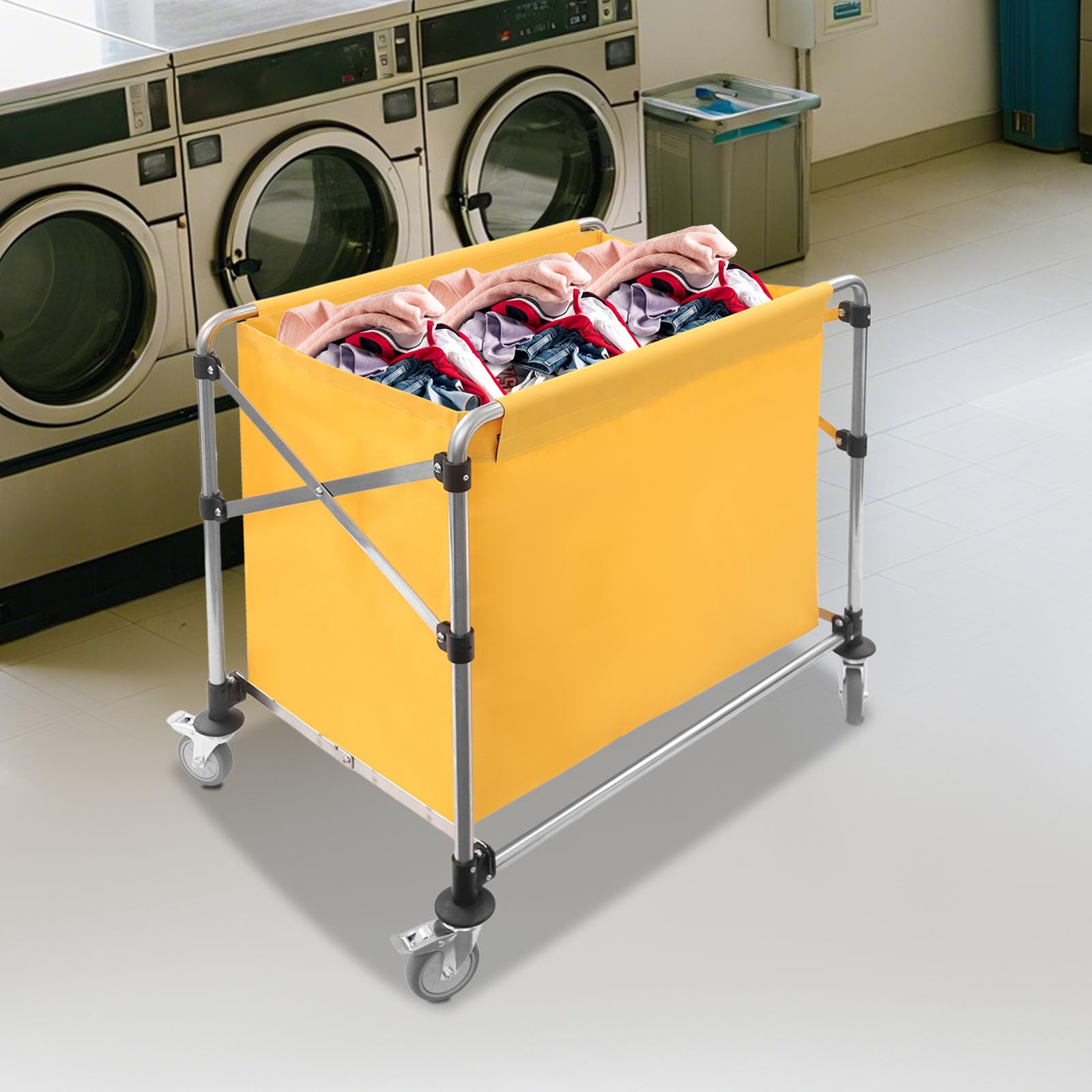 Carrello portabiancheria in acciaio inox, con ruote, pieghevole, portata fino a 100 kg, per la biancheria domestica, 90 x 60 x 88 cm (giallo)