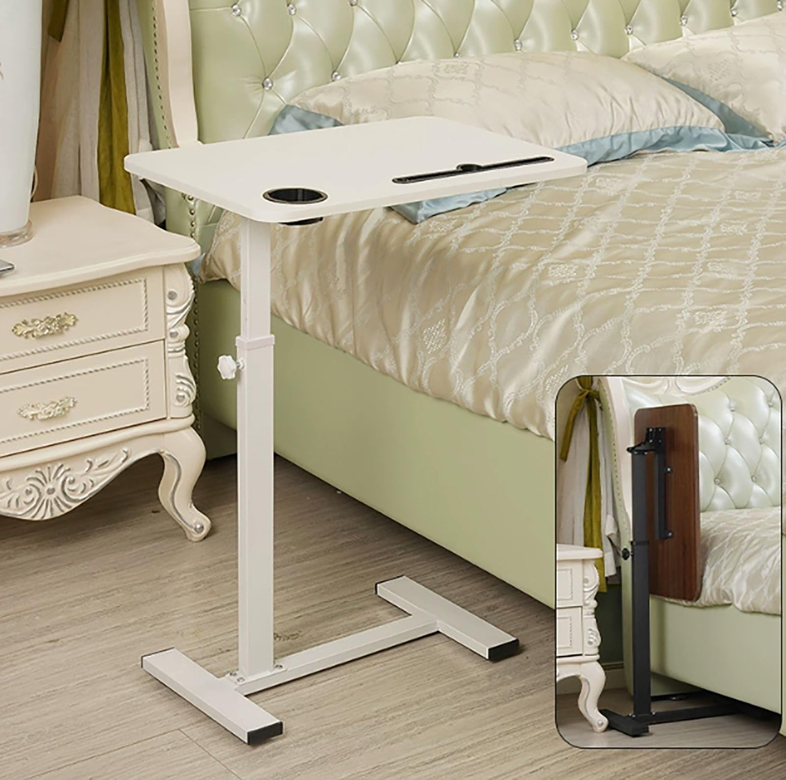 GLETSF Overbed Table, Adjustable Height Laptop Stand Cart, Mobile Bedside Desk for Home, Office, Medical Use,White
