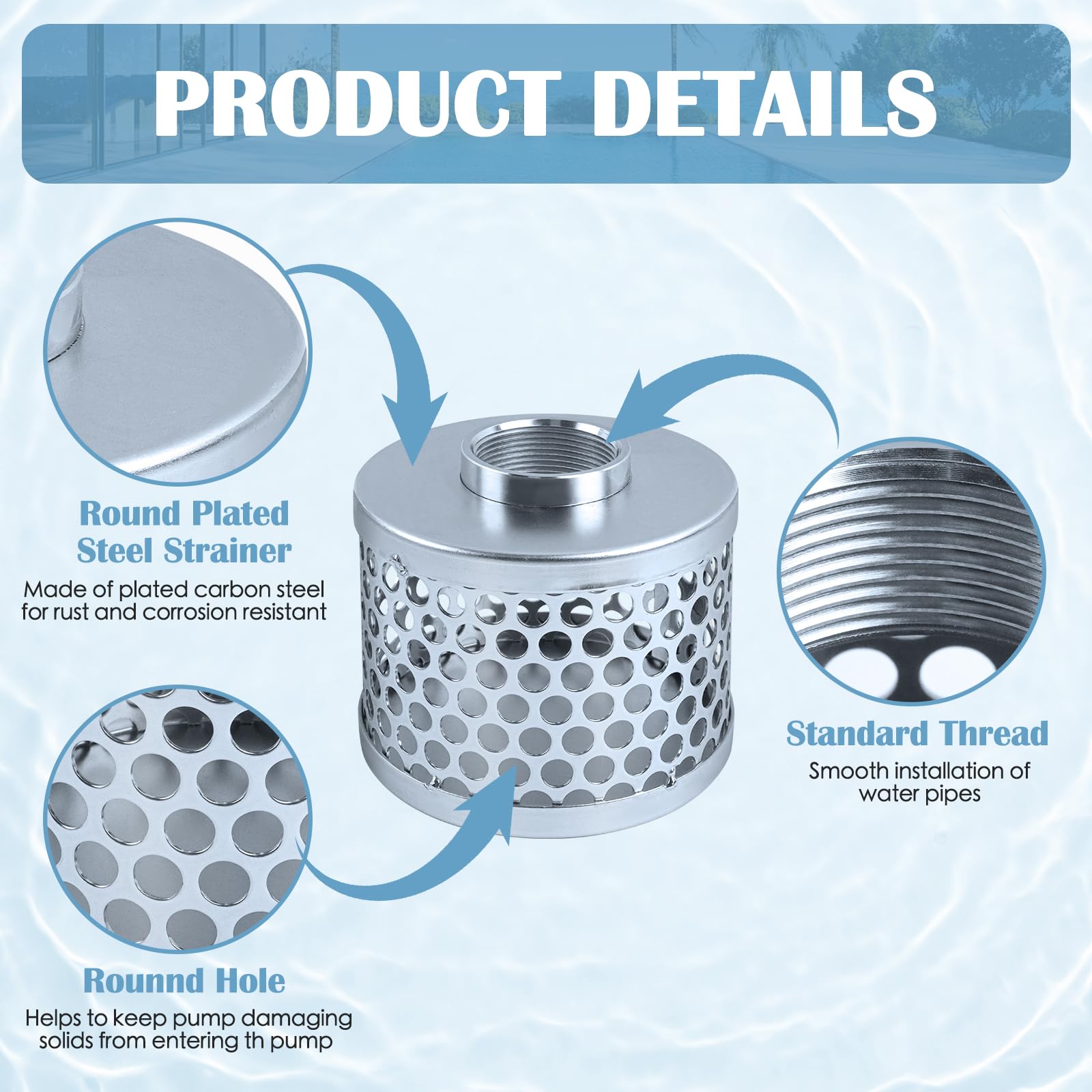 Round Hole Suction Strainer Filter, Hose Water Pump Inlet Strainer, Carbon Plated Steel Basket Water Suction Filter Npt Thread, Remove Reduces Debris,Trash, Solids Entering Pump — Amazon image 3