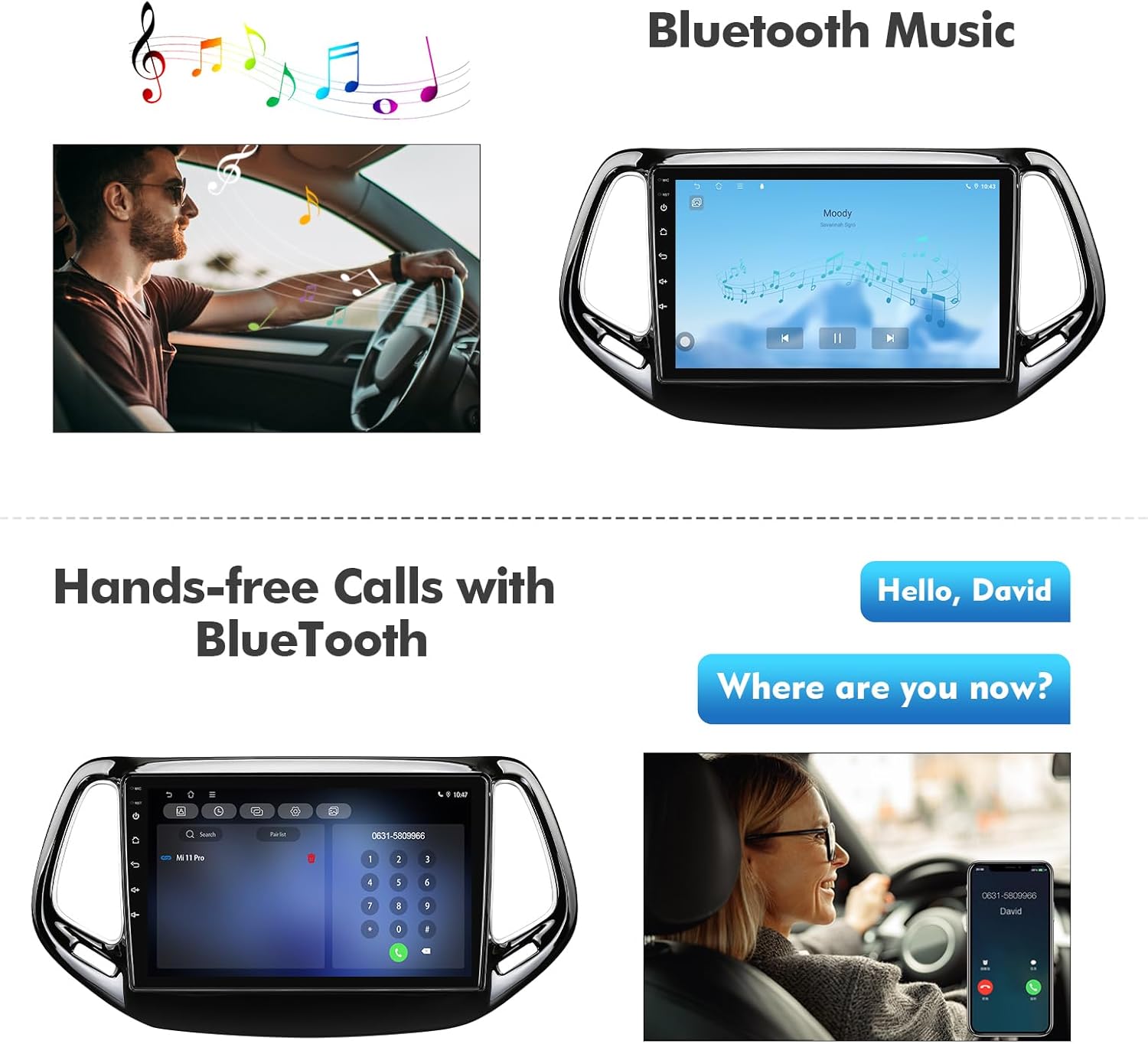 Image showing the car stereo displaying Bluetooth music playback and a phone screen showing an incoming call, demonstrating hands-free call functionality.