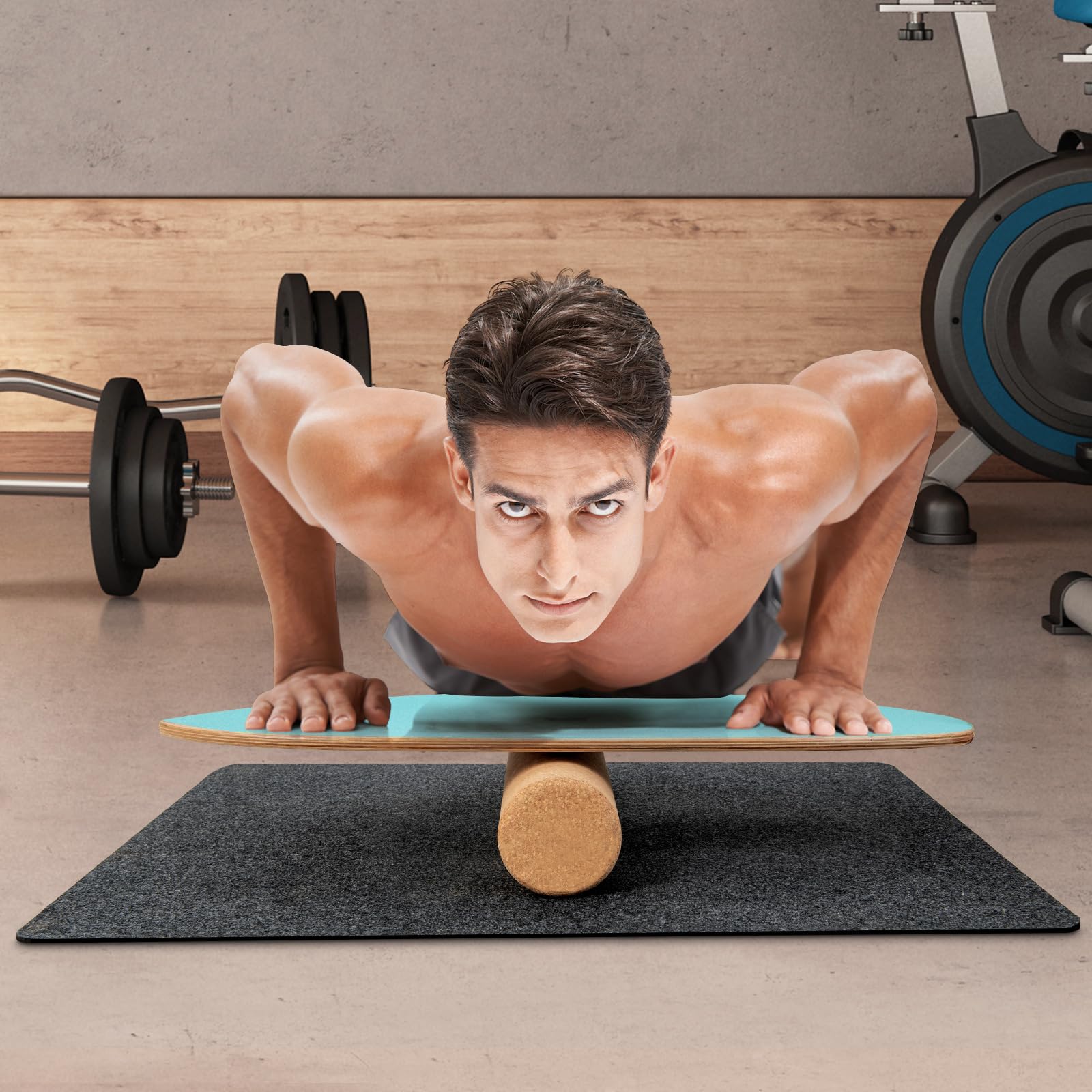 GOPLUS Planche d'Équilibre en Bois avec Rouleau en Liège et Tapis de Feutre Antidérapant, Surf Balance Board d’Entraînement, Améliore Force du Tronc, Charge Max 100kg