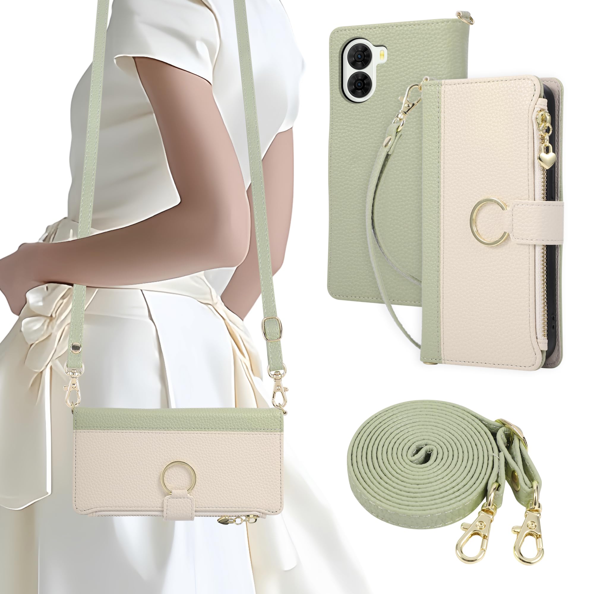 Gedurya iPhone 15 Plus ケース 手帳型 いphone15 plus ケース ショルダー アイフォン15プラス 用 手帳型ケース ストラップ付き iPhone15Plus スマホケース リング付き あいふおん15プラス 携帯カバー ファスナー付き 小銭入れ カード収納 財布型 マグネット式 スタンド機能 肩掛け 斜め掛け 女性 おしゃれ バイカラー (ホワイトグリーン)