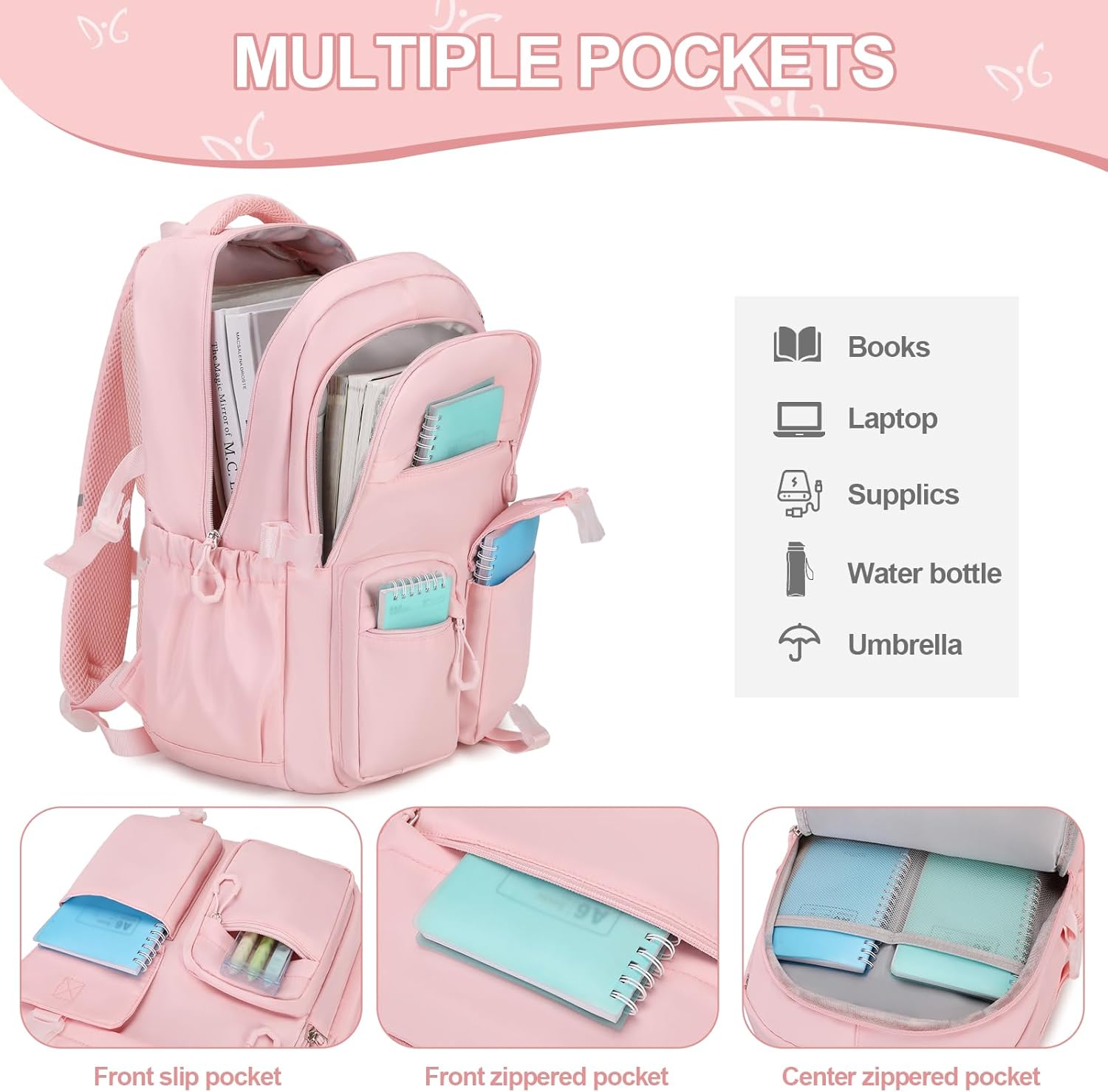 3PCS Girls Backpack for School, Kids Backpack for Girls with Lunch Bag Pencil Case, Kids Bookbag Teen Girl Backpacks for Elementary Middle High College School (Pink) - Image 3