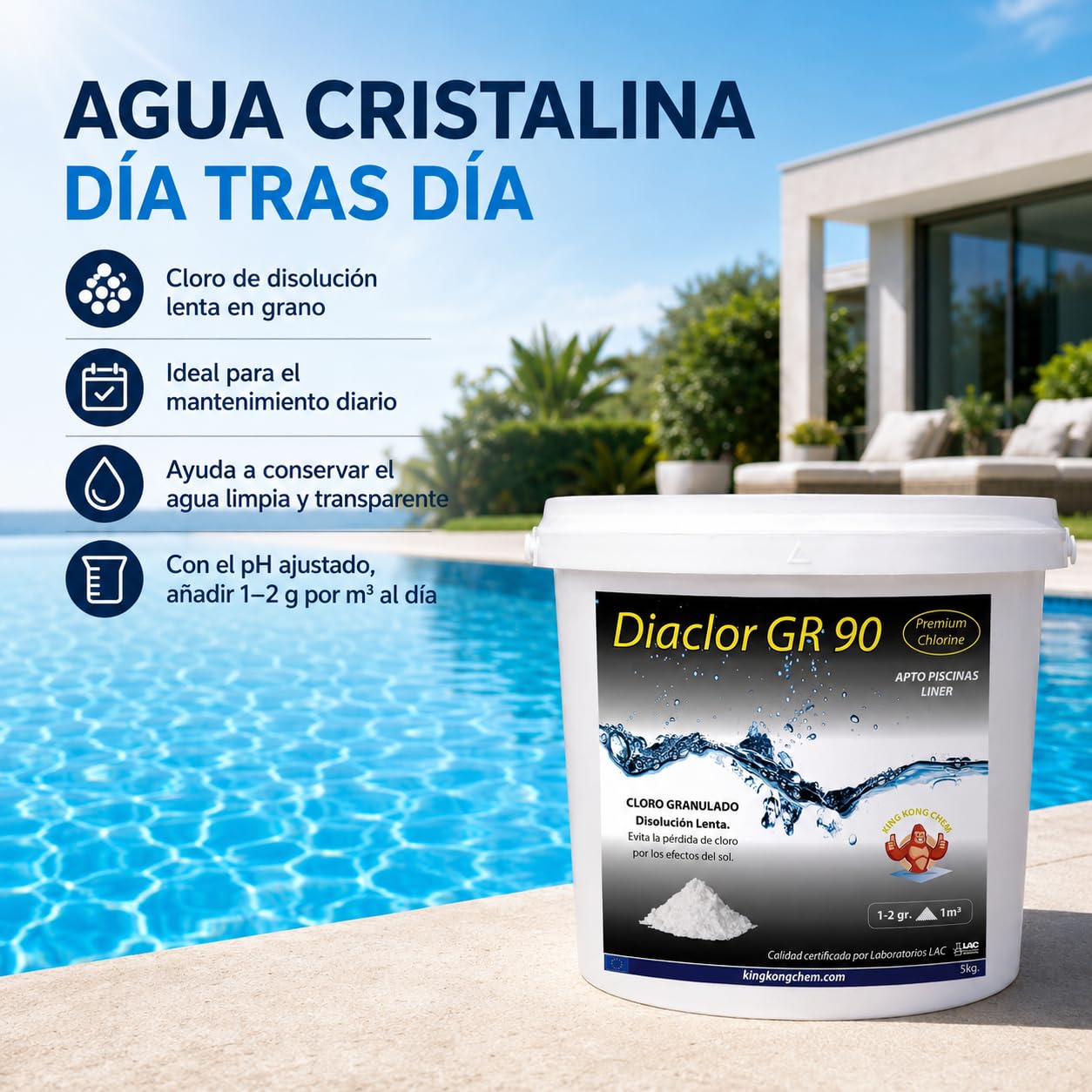 Tricloro Puro - Cloro Granulado Piscinas DIACLOR GR 90 5 KG - Disolución Lenta