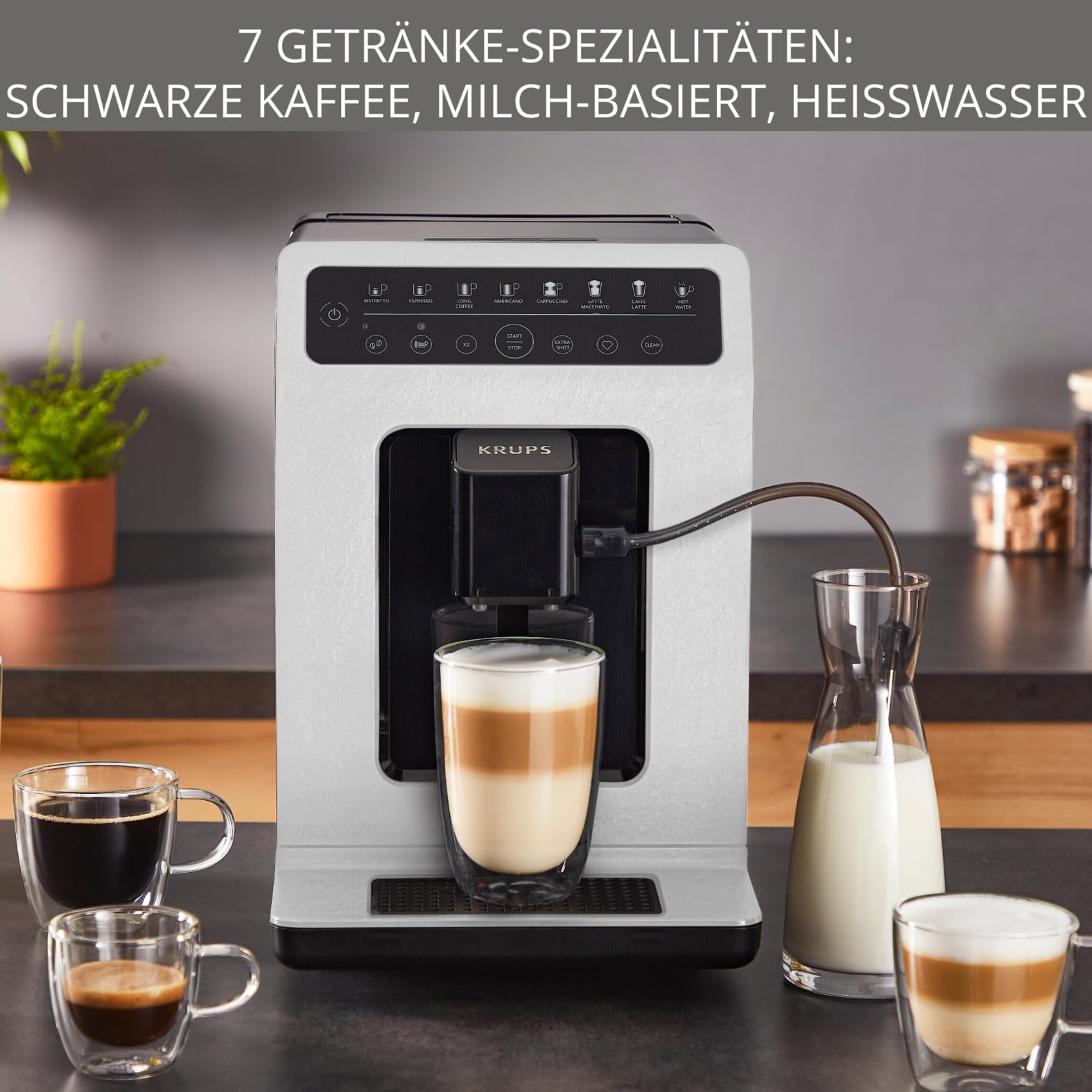 KRUPS Evidence ECOdesign Kaffeevollautomat mit Milchschlauch, 7 Getränkeoptionen, 2-Tassen-Funktion, Weiß/Schiefer, EA897A10