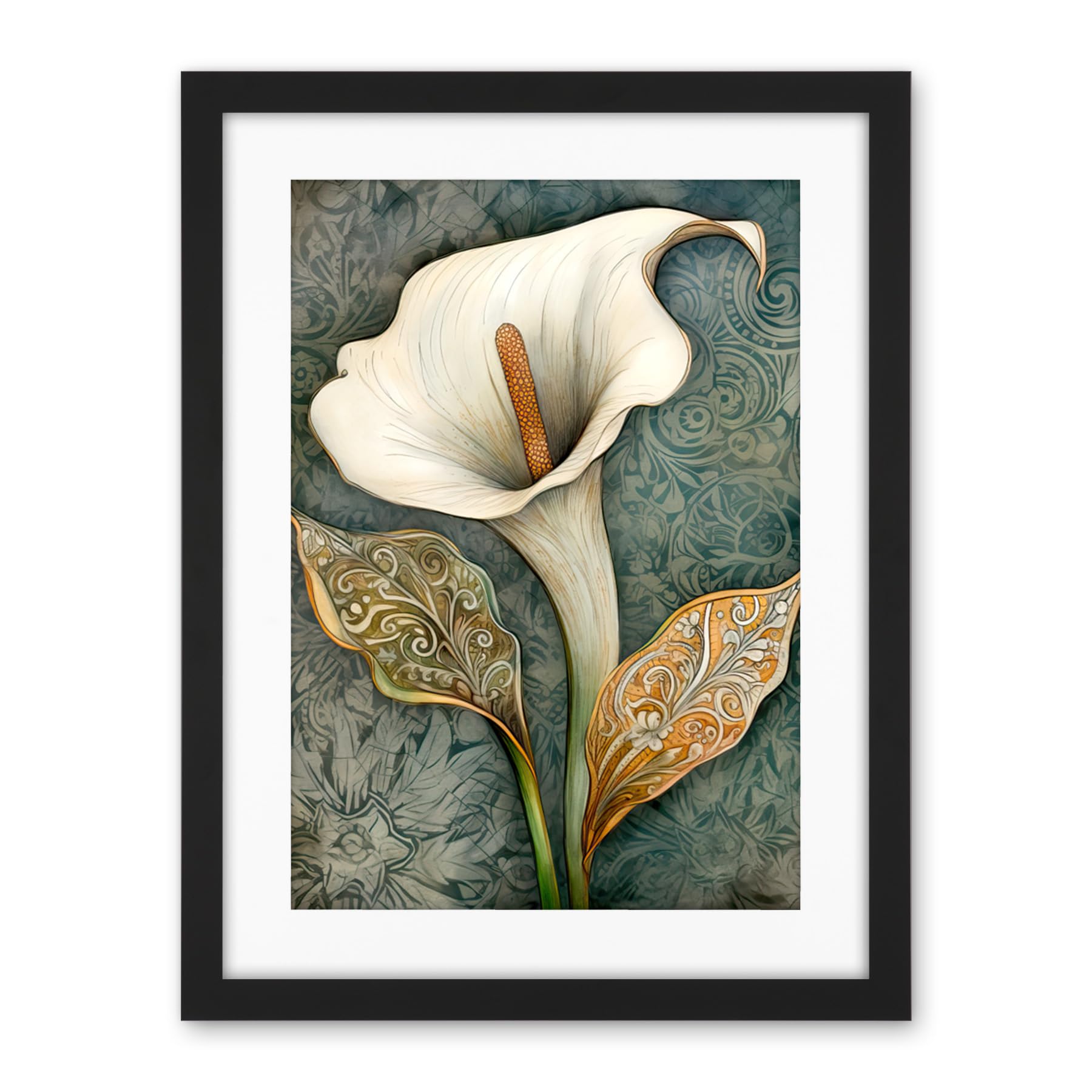 Artery8 William Morris Style Art Nouveau Calla Lily Flower Artwork Framed Wall Art Print 18X24 Inch