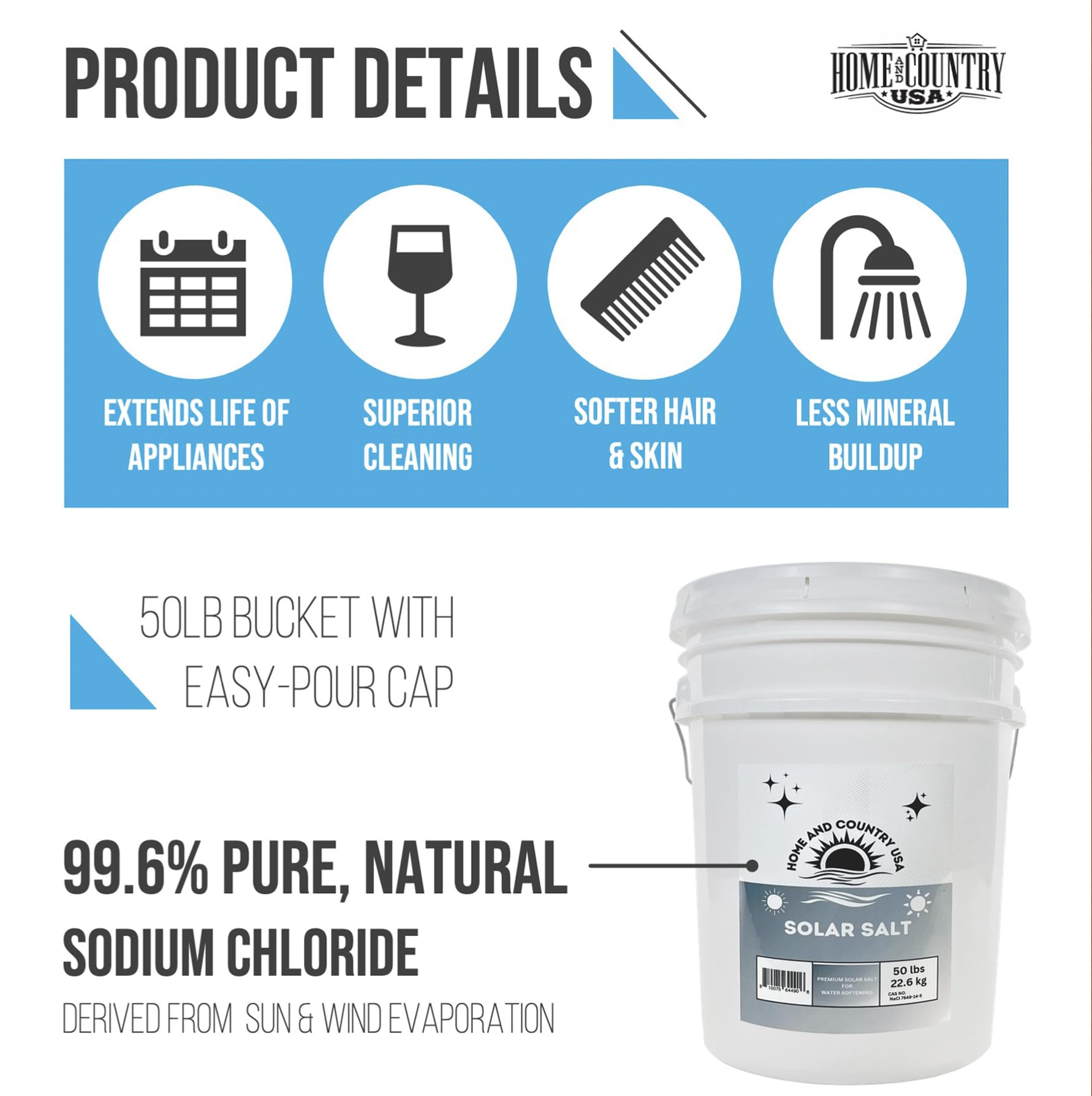 Home and Country USA Solar Salt - High Purity Crystals for Water Soften 50 lb Pail