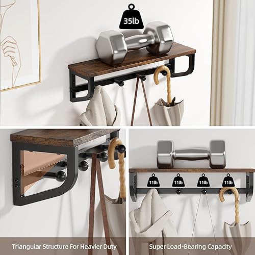 Miniatura 2 de Perchero de pared, estante de pared de madera con ganchos, colgador de pared con 4 ganchos de metal, organizador de perchero montado en la pared