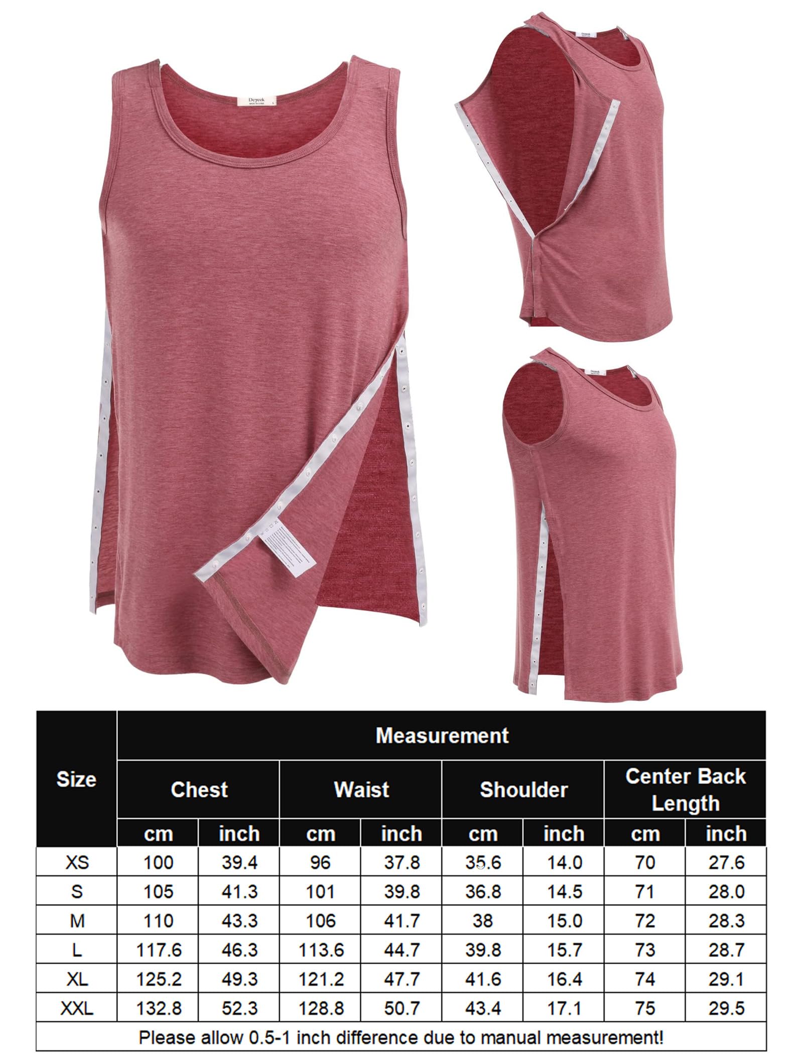 PINSPARK Camiseta Unisex para después de una cirugía de Hombro Camisetas sin Mangas para rehabilitación Femenina Camisetas para Hombre con Cierre a presión y Prendas para quimioterapia