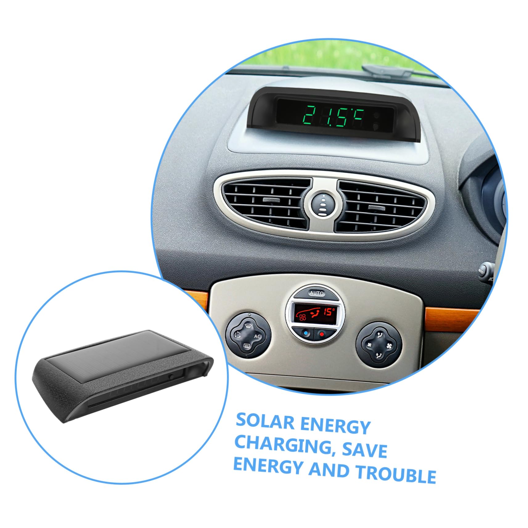 Ciieeo Reloj Termómetro para Coche Pantalla Digital, Funcionamiento Solar y Luz Nocturna, para Tablero del Automóvil,