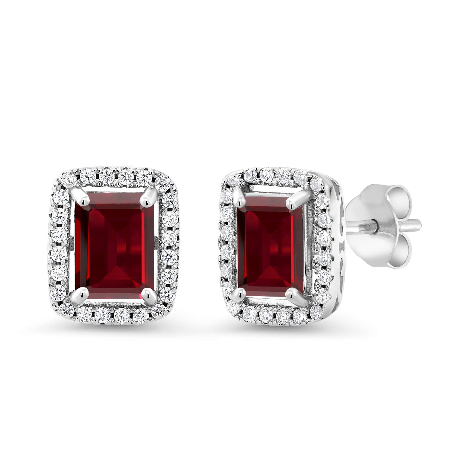 Gem Stone King Halo Earring for Women 925 Sterling Silver Gemstone Birthstone Earrings Emerald Cut 8X6MM Fine Jewelry