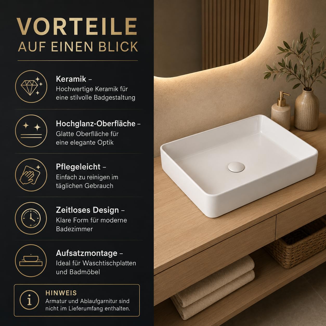 Keramik-Handwaschbecken mit Ablage I großes Waschbecken mit Lotus-Effekt I Handwaschbecken in Weiß I DIN Hahnloch & DIN Abfluss I Aufsatzbecken I Maße: 610 x 410 x 115 mm