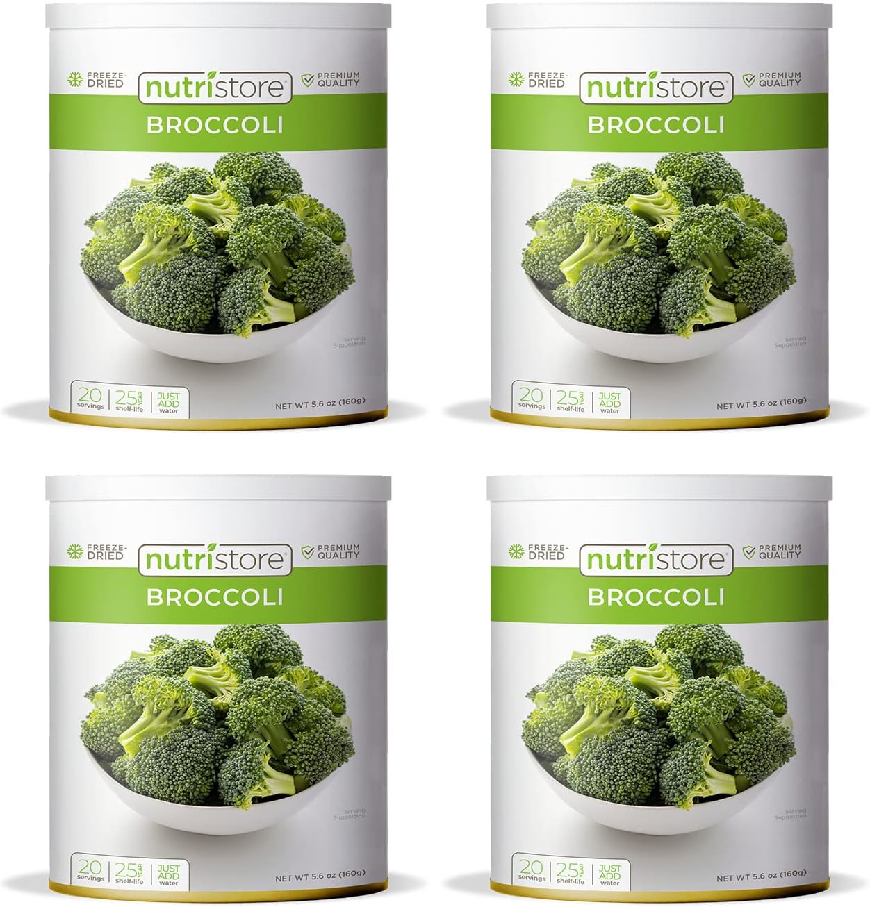 Nutristore Freeze-Dried Vegetables | Emergency Food Storage | 25-Year Shelf Life | Prepping Pantry Staple | Broccoli, Corn, Peas & More | Bulk Long-Term Survival Supply (4-Pack, Broccoli)