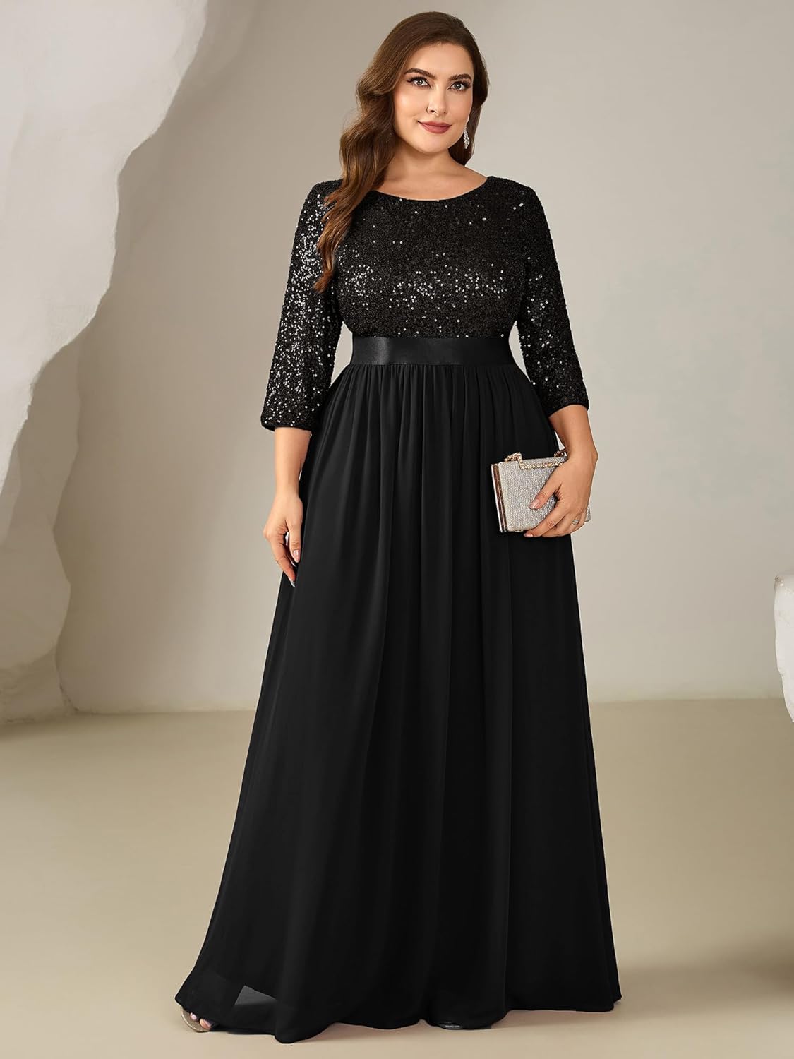 Ever-Pretty Plus Women's Sequin Chiffon Plus Size Formal Evening Dresses Long Sleeves Maxi A-Line Mother of Bride Dress - Image 4