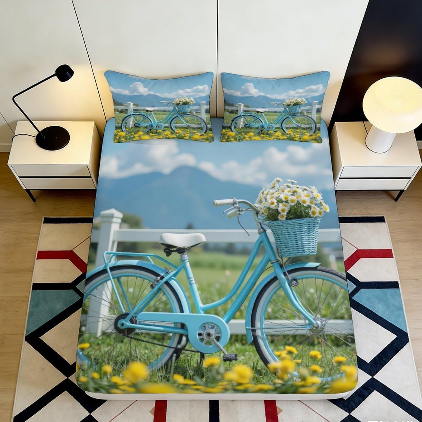 3D Printed Pastoral Bicycle Fitted Sheet Microfiber Deep Pocket Non-Slip Bedding Pastoral Bicycle Mattress Fitted Cover Washable 160x200x25cm