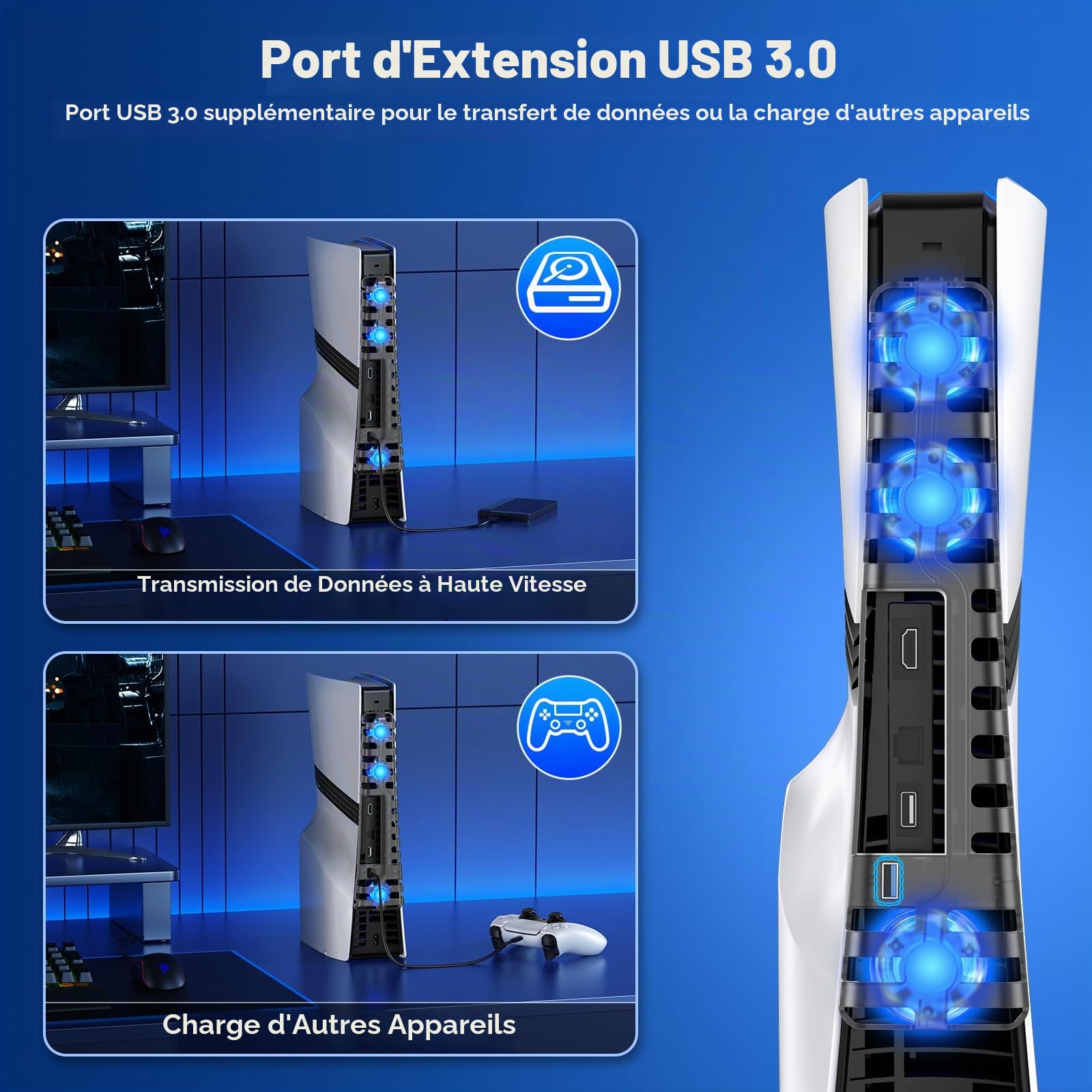 FASTSNAIL Ventilateur de refroidissement pour console PS5 Pro/Slim, vitesse automatique réglable par température, mise sous tension automatique et mode manuel, 3 ventilateurs haute vitesse et port USB