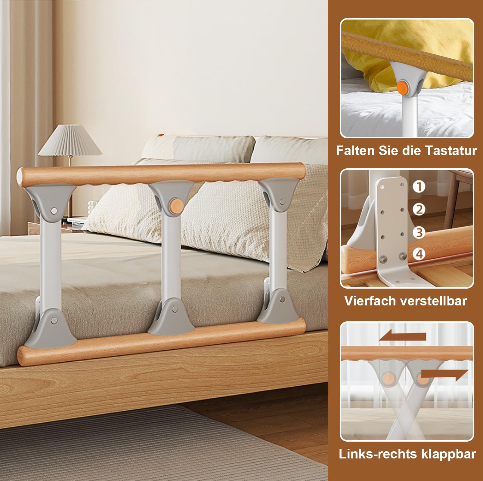 Sponda Letto Anziani Pieghevole Anticaduta | Barriera di Sicurezza Regolabile | Supporto Flessibile per Sedersi/Alzarsi | Adatta Anziani, Disabili (Legno)