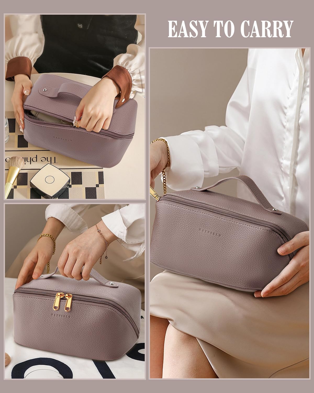 BATFIELD Borsa cosmetica da donna, borsa per trucchi in pelle PU litchi per donne, borsa da viaggio cosmetica di grande capacità, borsa portatile per kit di trucco con manico e divisore, borsa