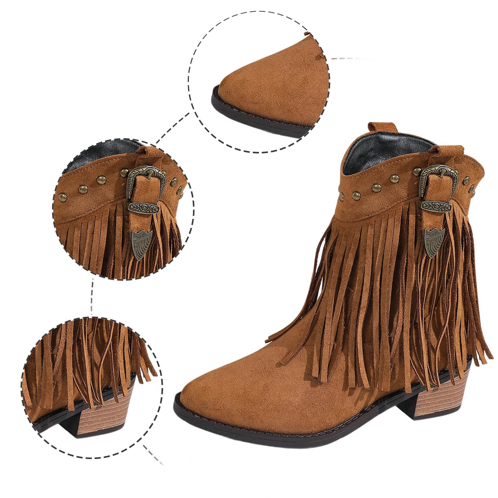 Generisch Damen Cowboystiefel Wildleder Halbstiefel Knöchelhoch Westernstiefel Spitz Niedrig Absatz Stiefel Perforierte Wildleder Halbstiefel Damenschuhe Lange Stiefel